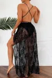 Sportswear Solid Lace Patchwork See-through Backless Swimwear (With Paddings)