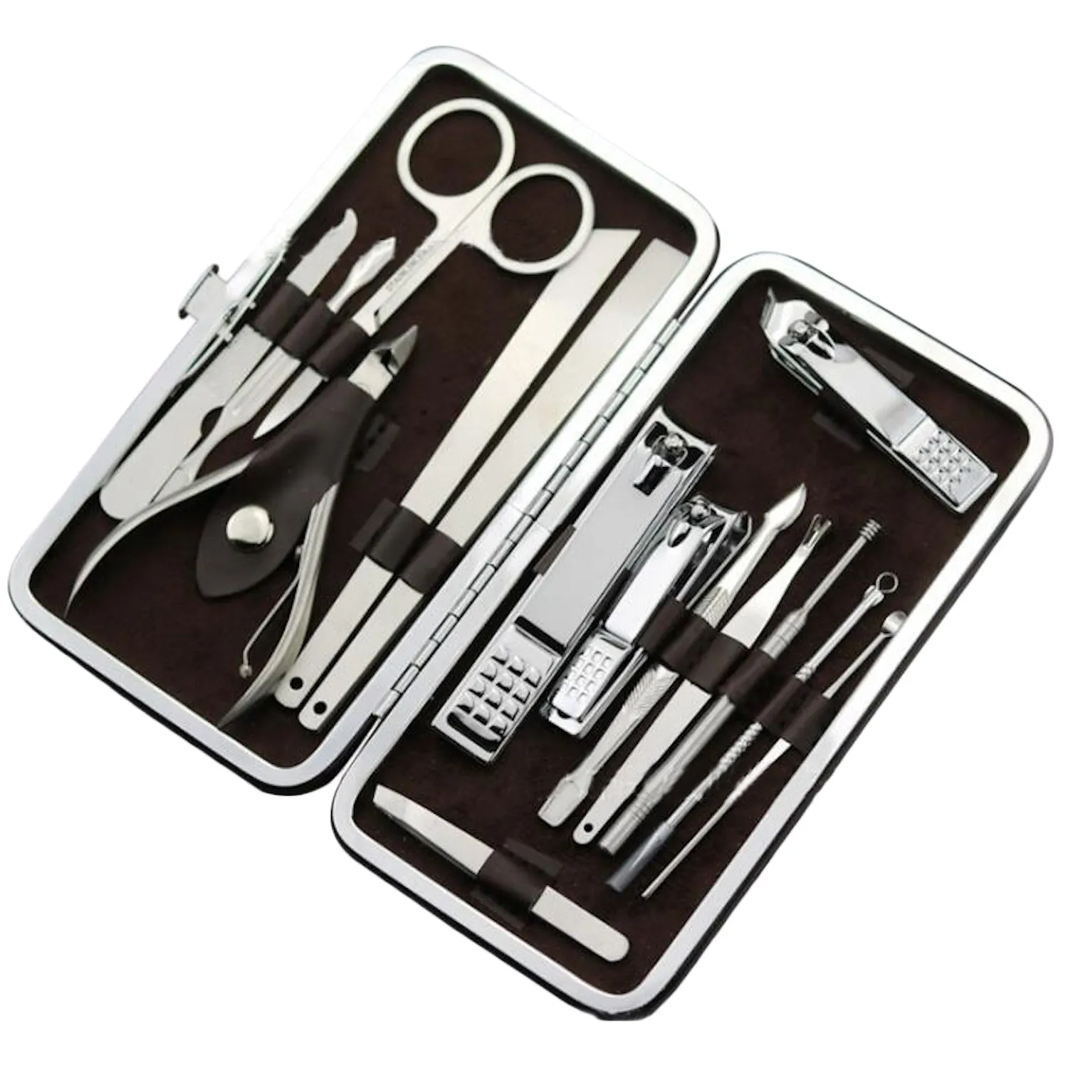 Stainless Steel with Brown Leather Mens Manicure Pedicure Kit - 15 piece Grooming Kit with travel Case
