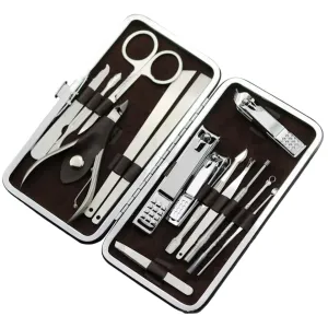 Stainless Steel with Brown Leather Mens Manicure Pedicure Kit - 15 piece Grooming Kit with travel Case