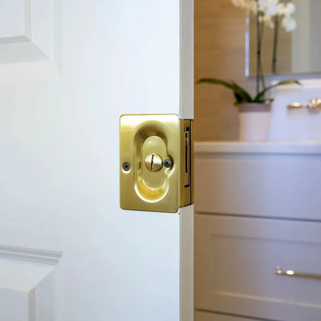Standard Square Privacy Pocket Door Lockset - Door Mount - 4" Brass/French Antique
