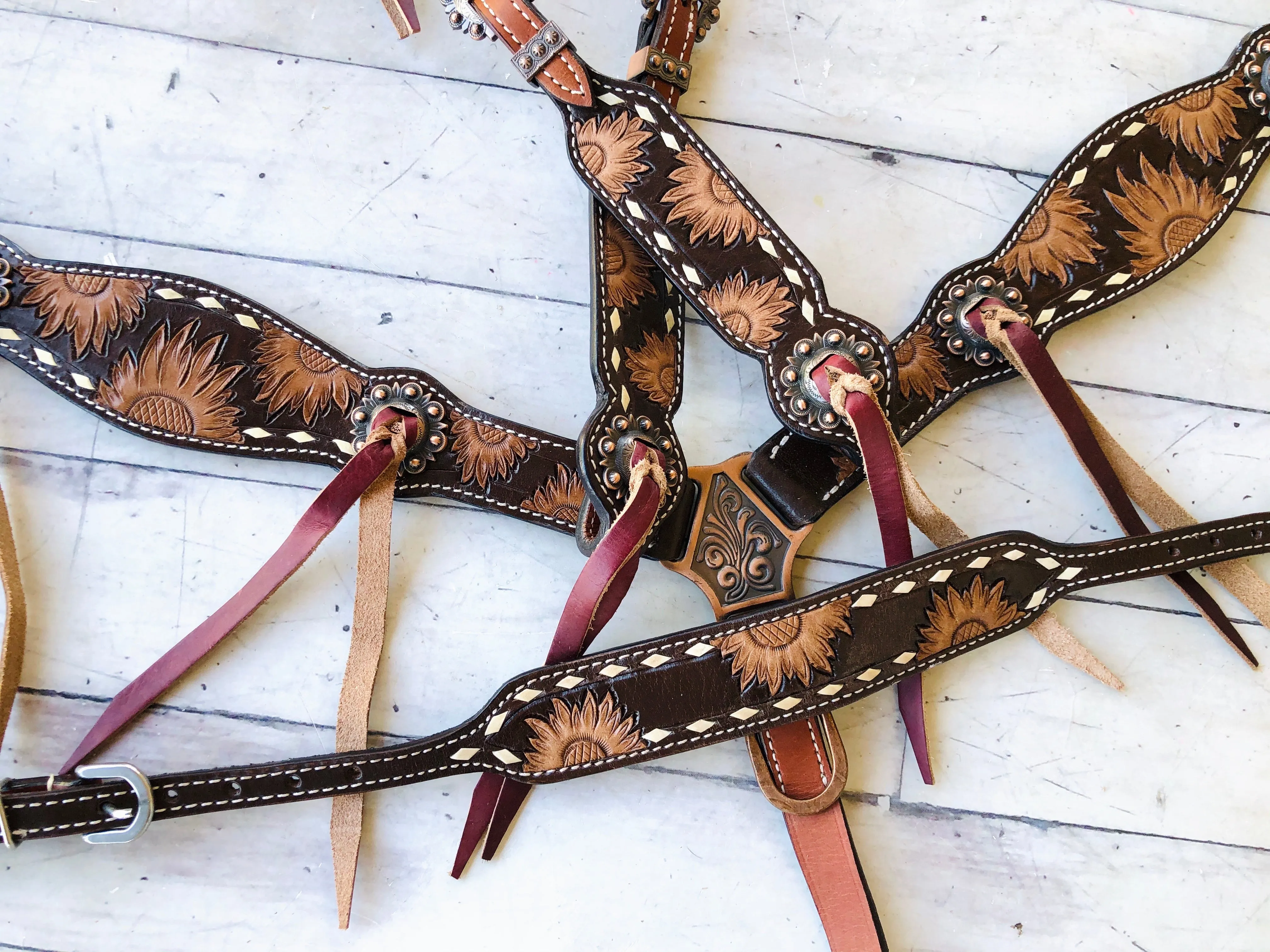 Sunflower Tooled Leather Tassel Concho Tack Set