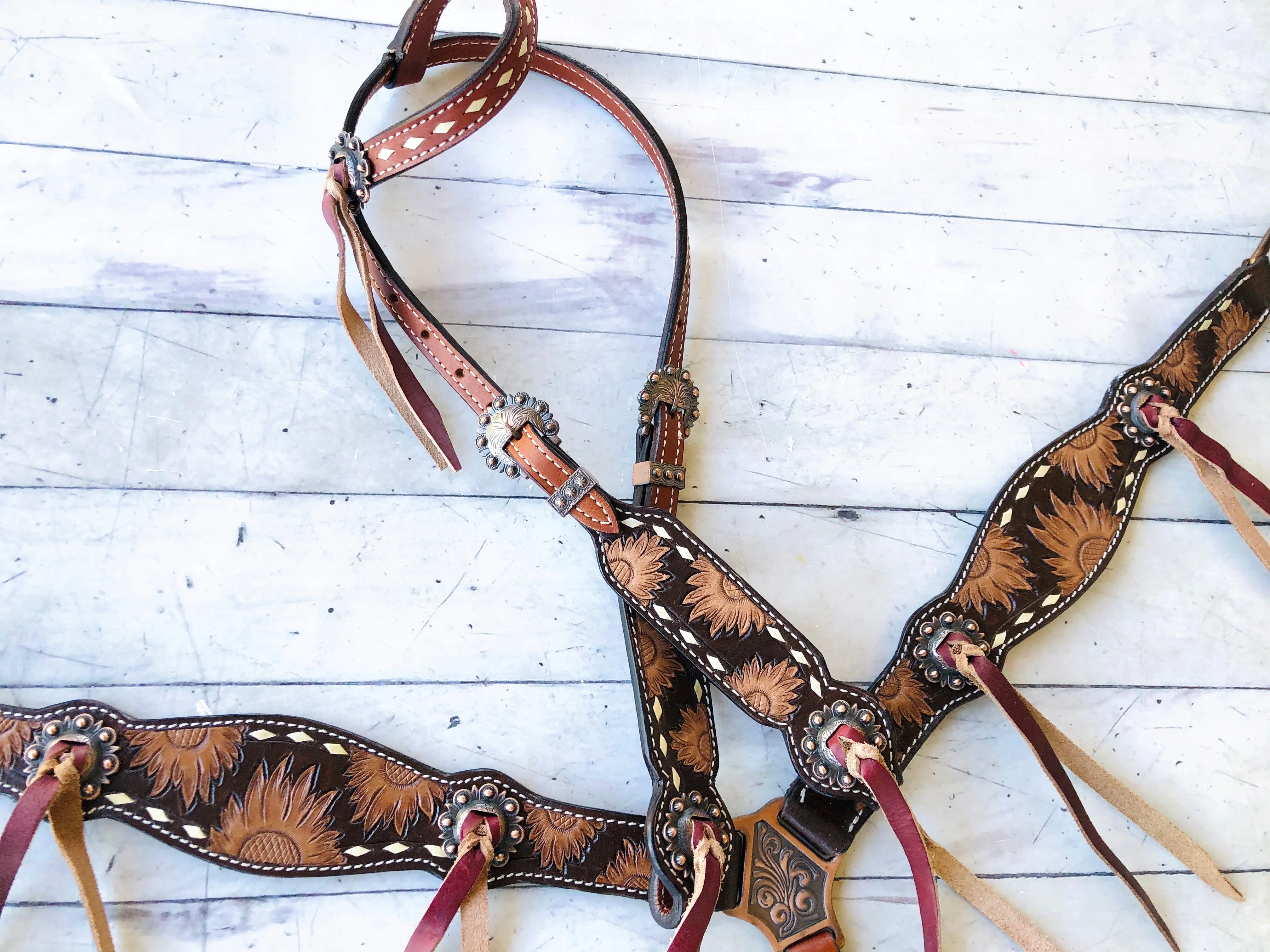 Sunflower Tooled Leather Tassel Concho Tack Set