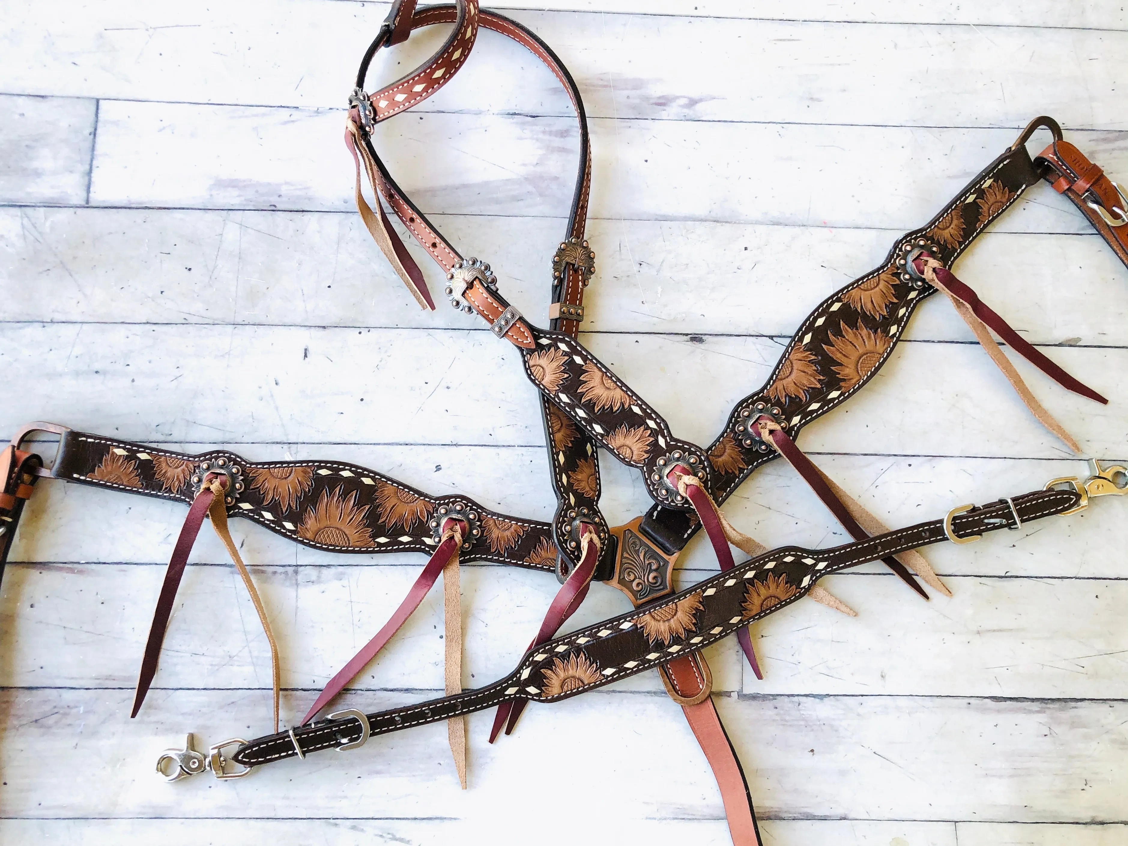 Sunflower Tooled Leather Tassel Concho Tack Set