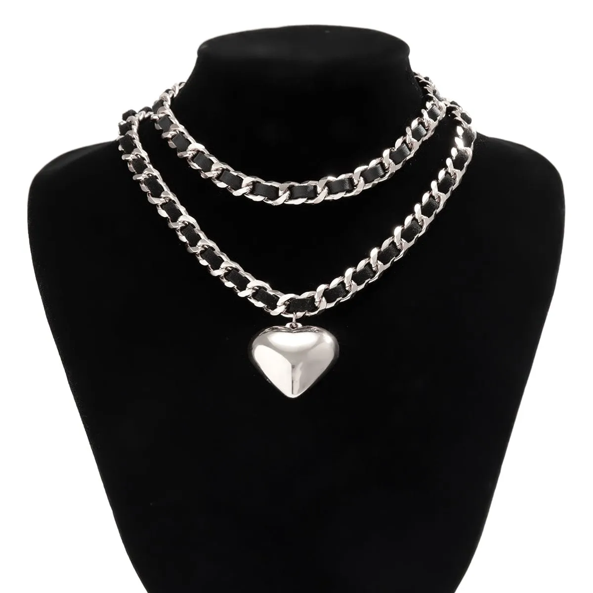 Temperament Layered Love Pendant Leather Choker Necklace Set