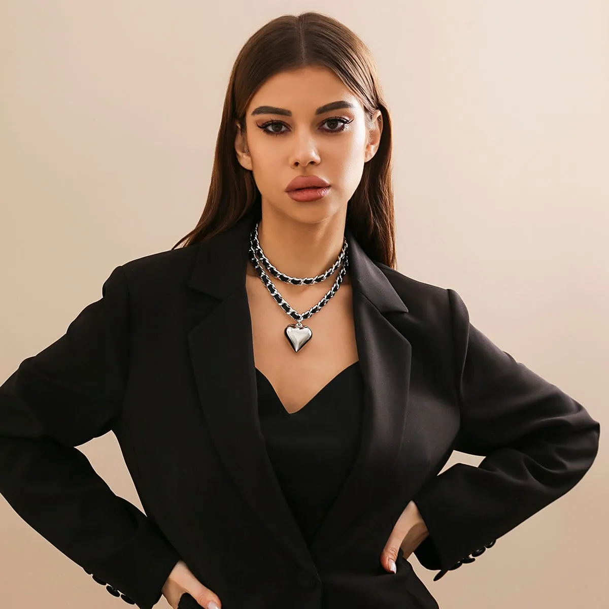Temperament Layered Love Pendant Leather Choker Necklace Set