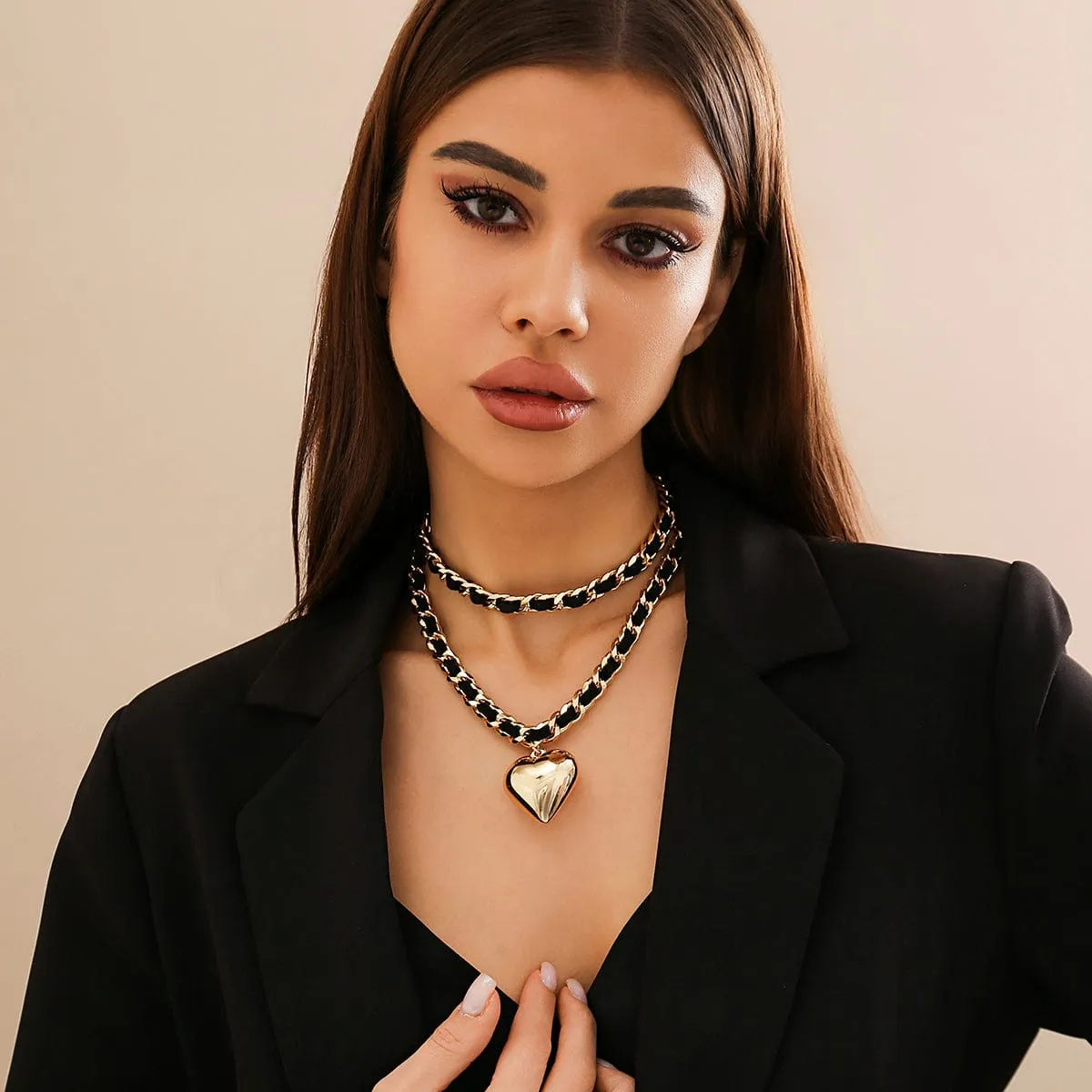 Temperament Layered Love Pendant Leather Choker Necklace Set
