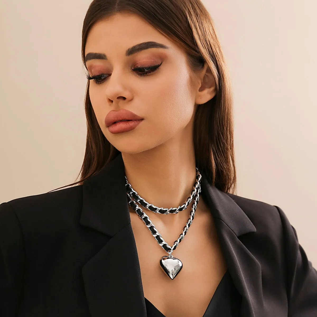 Temperament Layered Love Pendant Leather Choker Necklace Set