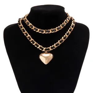 Temperament Layered Love Pendant Leather Choker Necklace Set