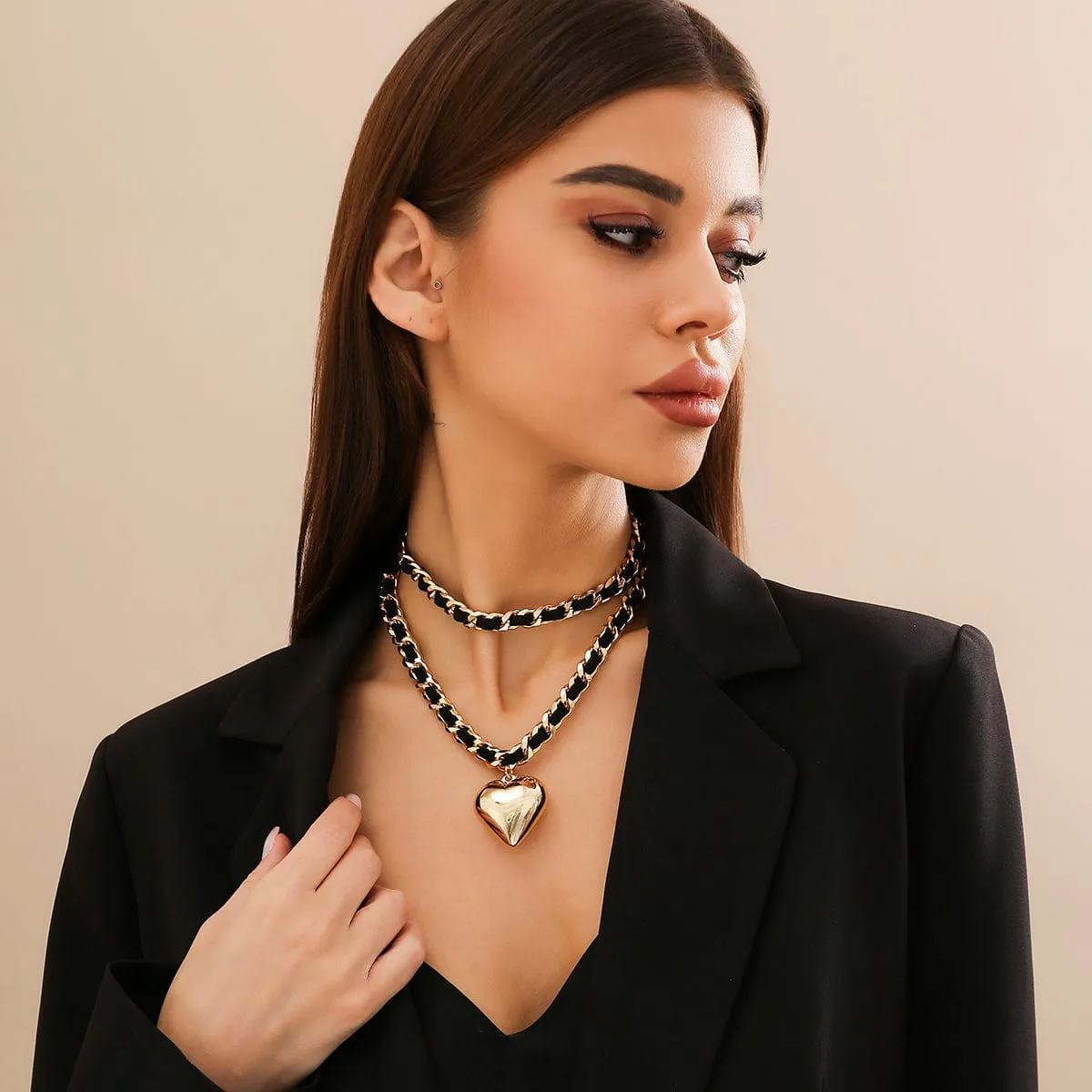 Temperament Layered Love Pendant Leather Choker Necklace Set