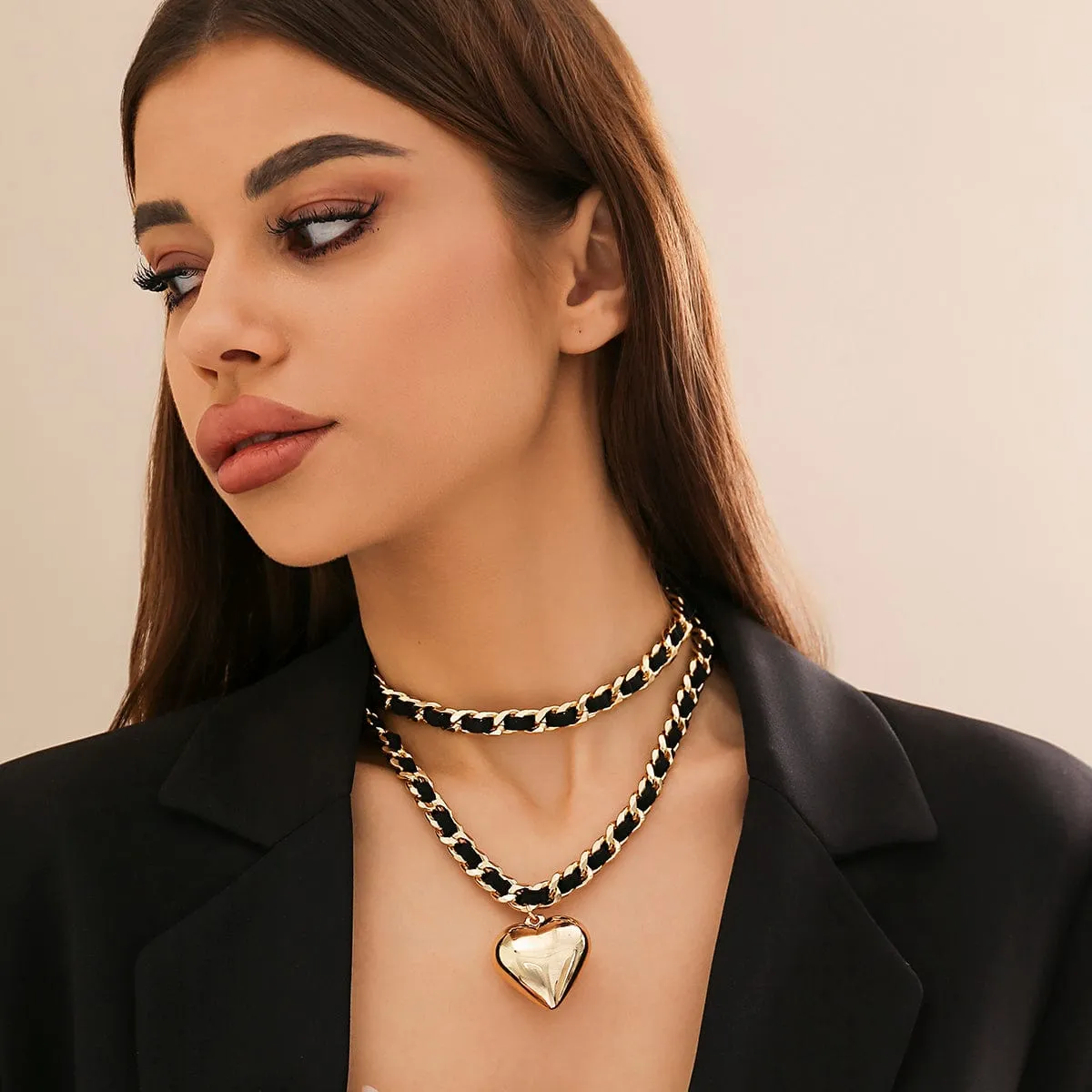 Temperament Layered Love Pendant Leather Choker Necklace Set