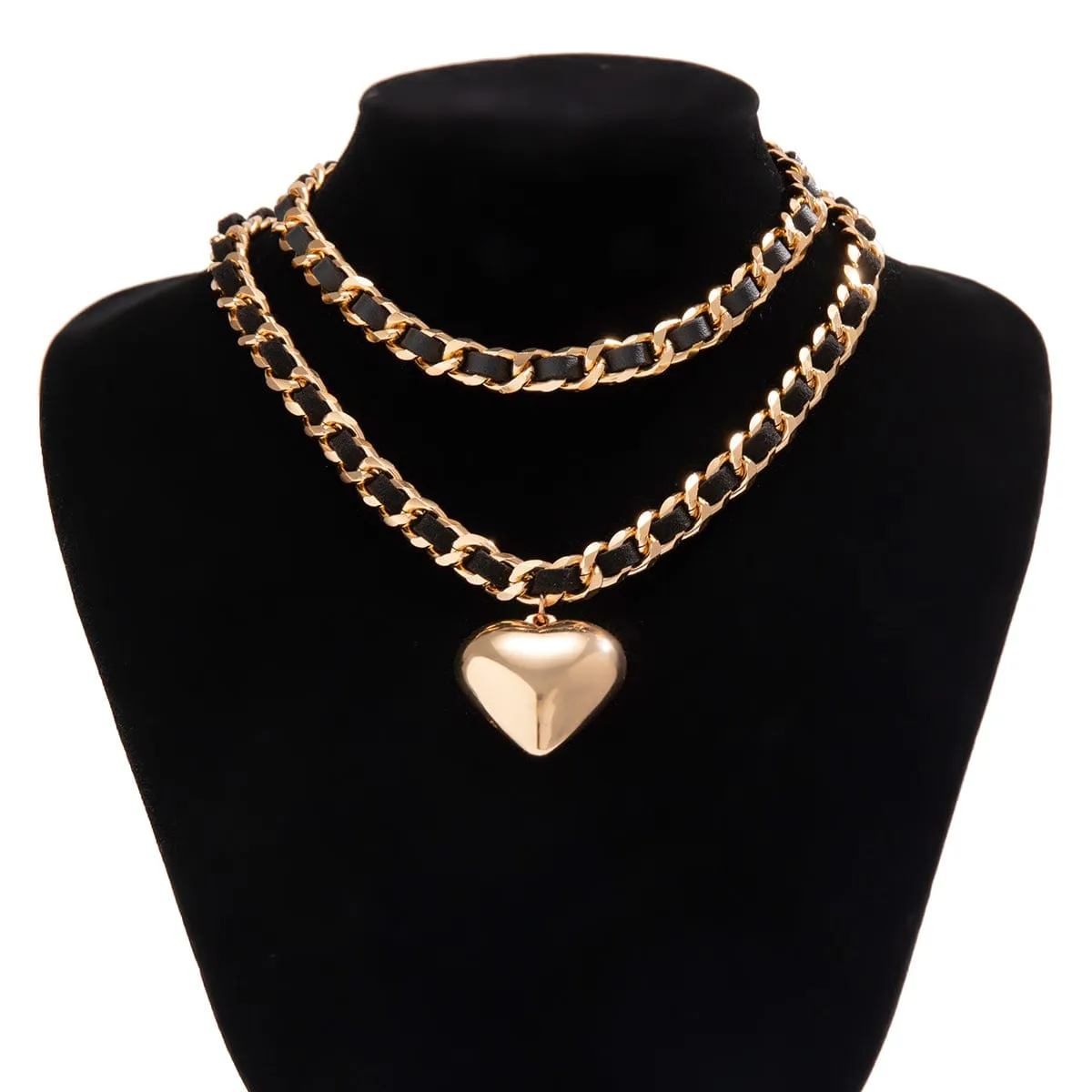 Temperament Layered Love Pendant Leather Choker Necklace Set