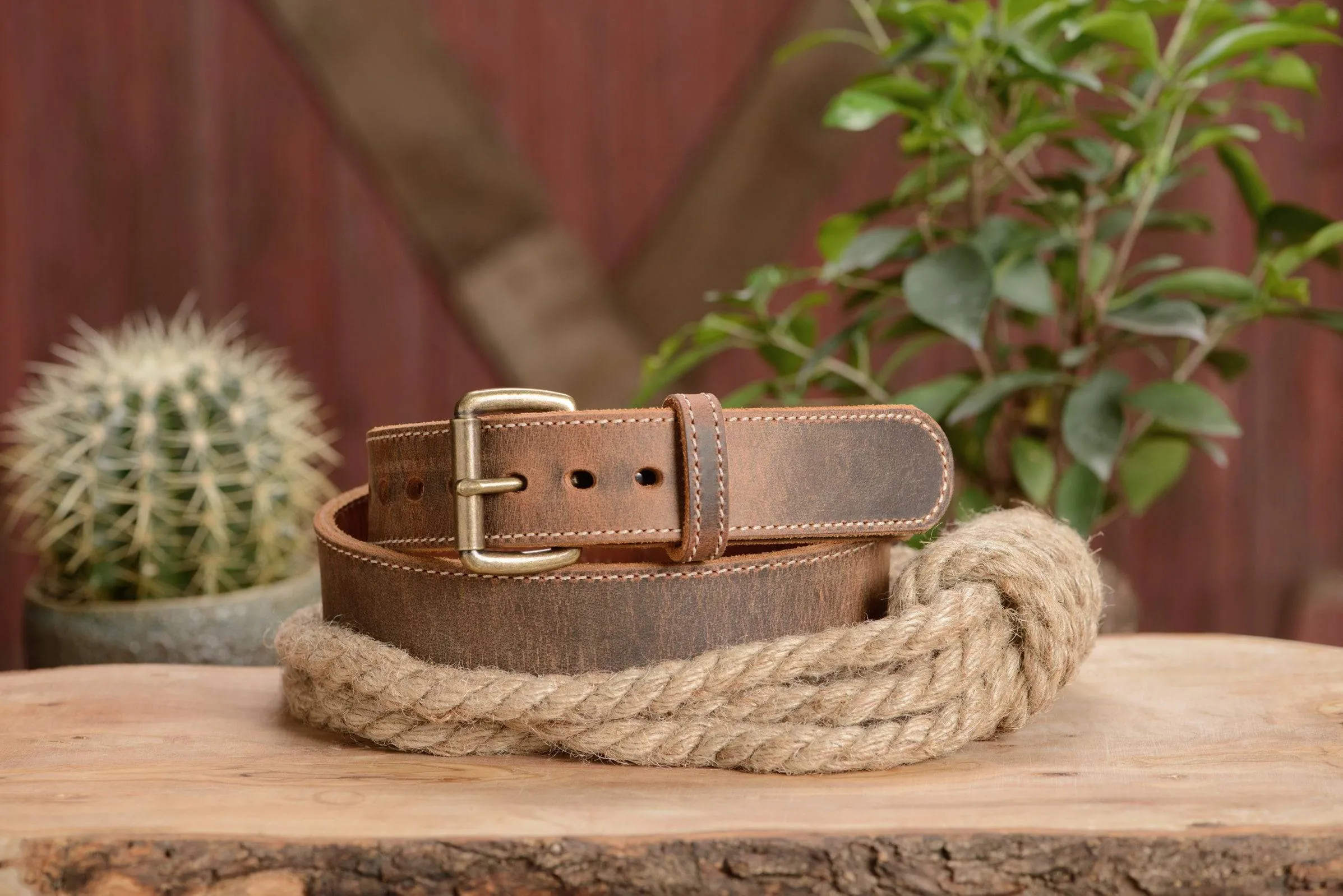 The Crazy Horse: Men's Rustic Brown Stitched Leather Belt Max Thick With Steel Core 1.50"