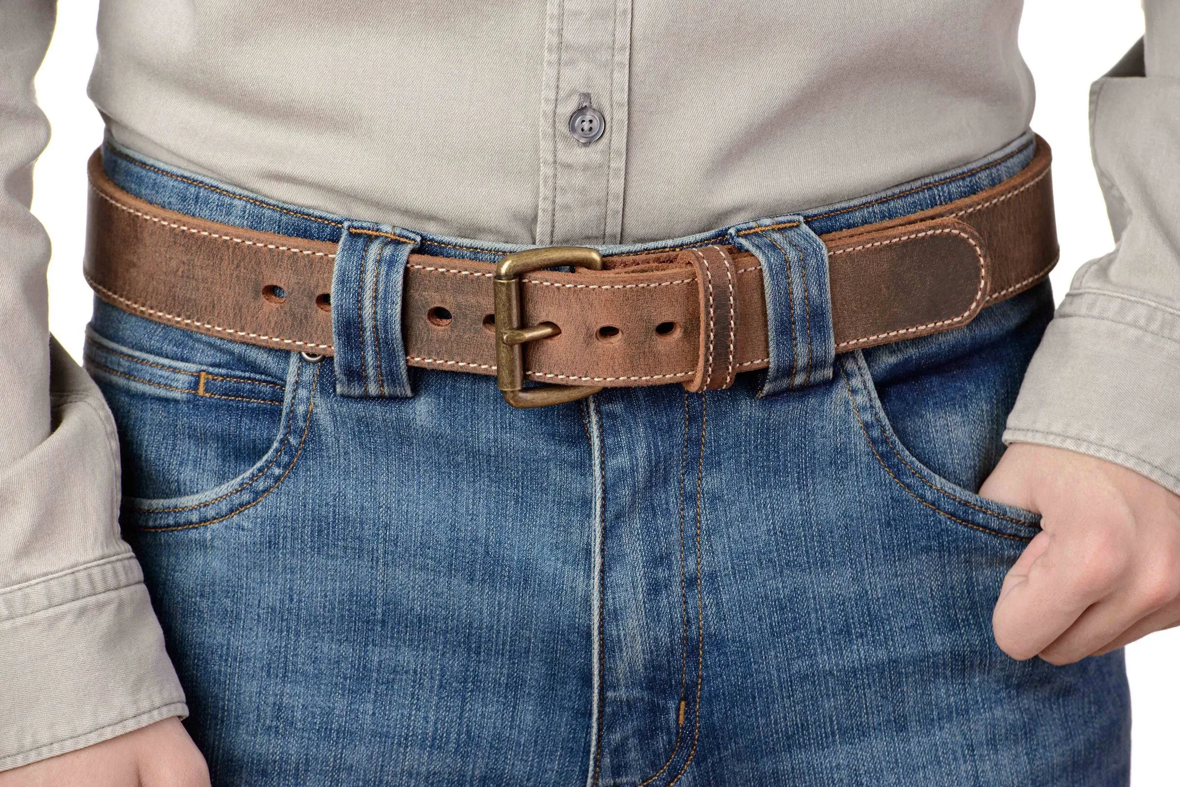The Crazy Horse: Men's Rustic Brown Stitched Leather Belt Max Thick With Steel Core 1.50"