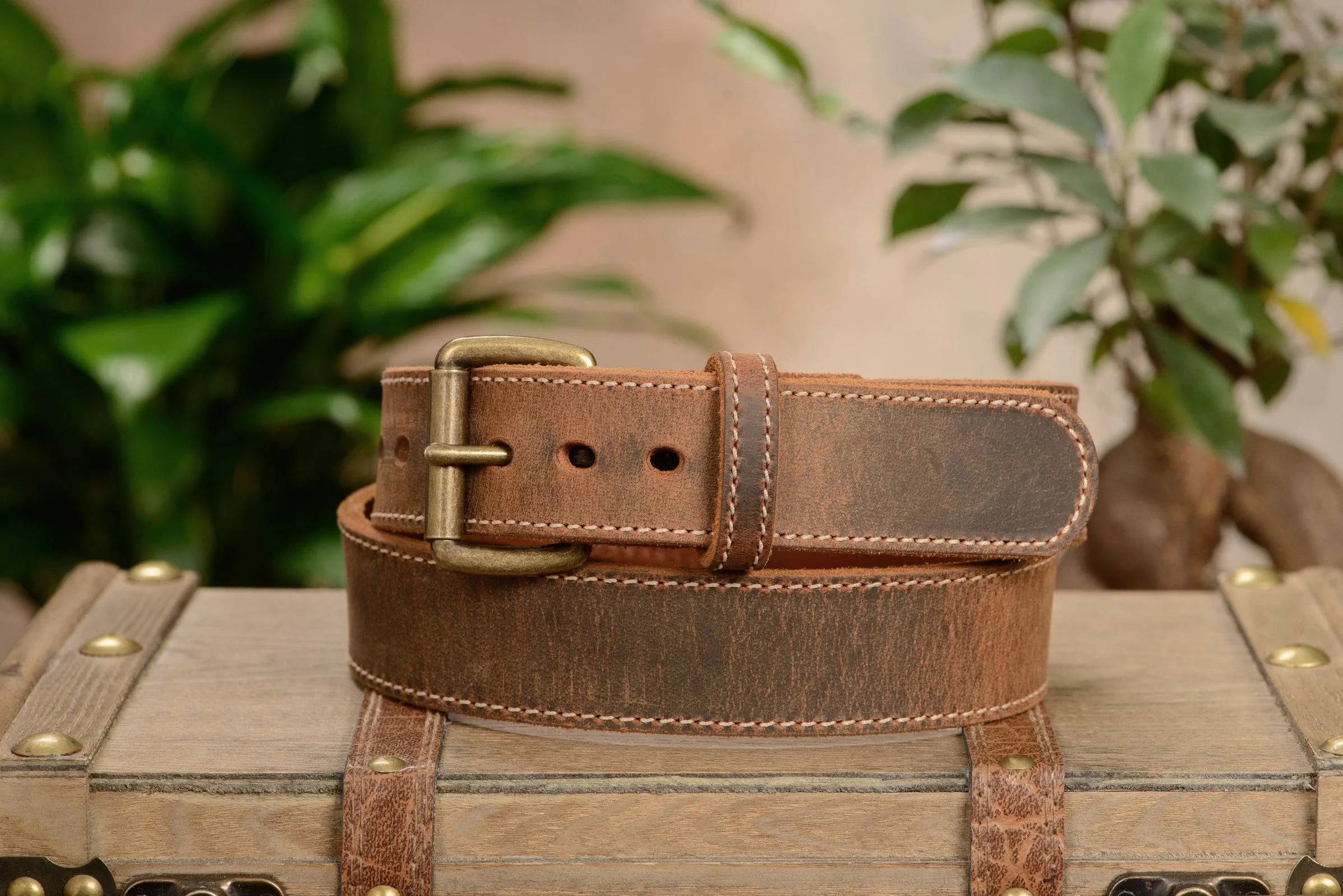 The Crazy Horse: Men's Rustic Brown Stitched Leather Belt Max Thick With Steel Core 1.50"