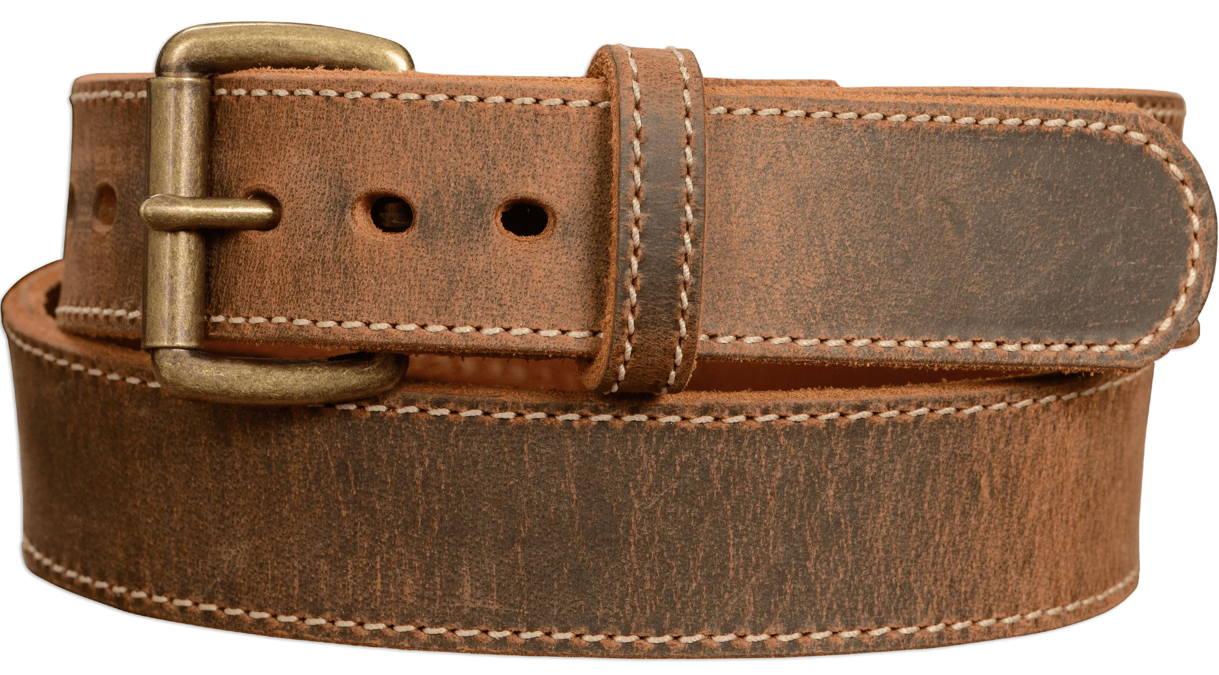 The Crazy Horse: Men's Rustic Brown Stitched Leather Belt Max Thick With Steel Core 1.50"