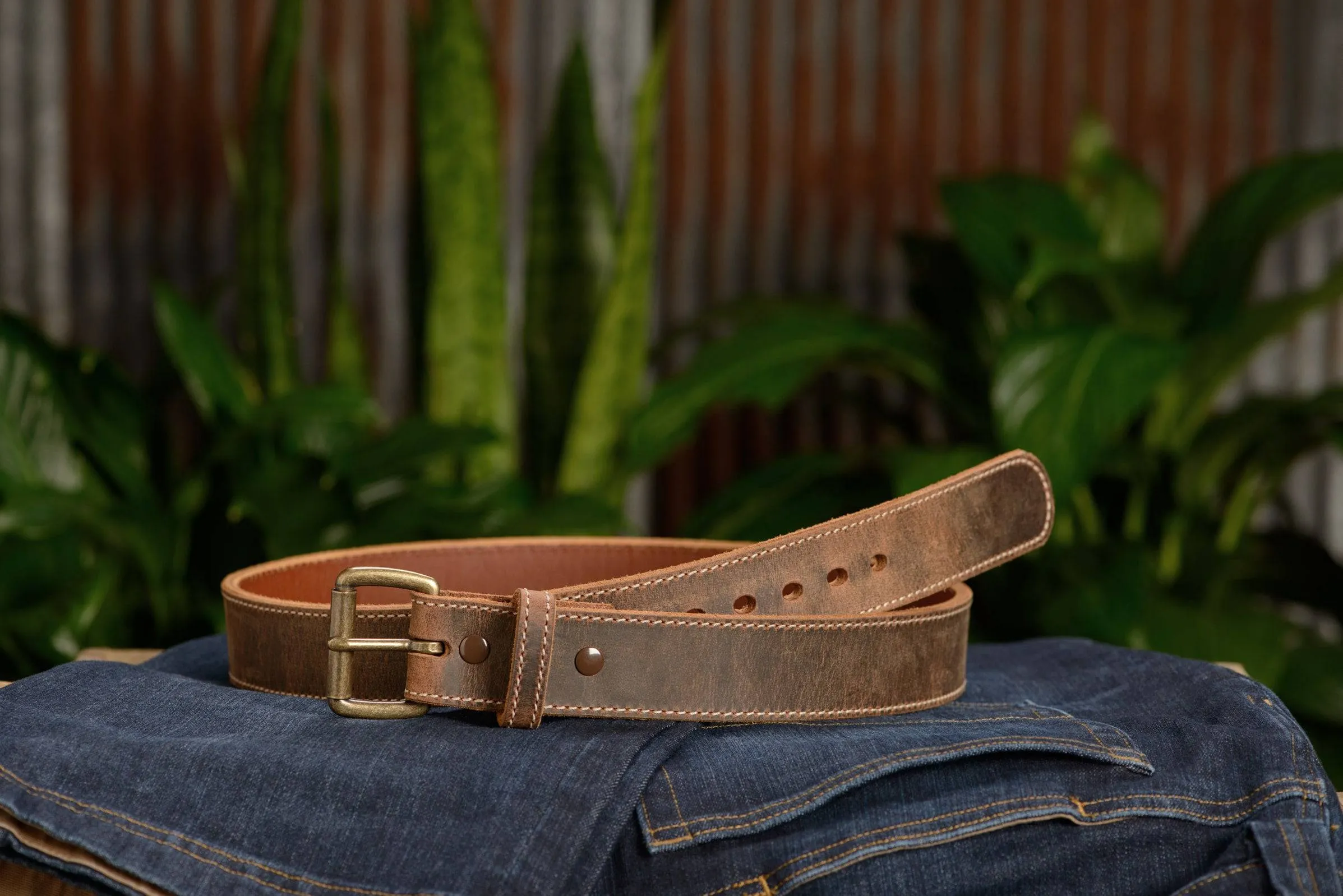The Crazy Horse: Men's Rustic Brown Stitched Leather Belt Max Thick With Steel Core 1.50"
