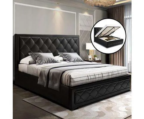 TIYO Gas Lift Bed Frame Base With Storage Mattress PU Leather - Black