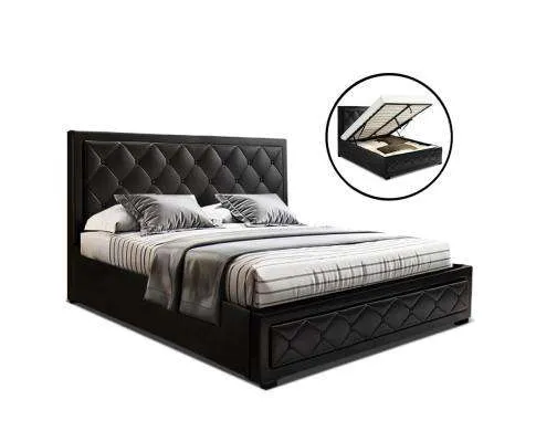 TIYO Gas Lift Bed Frame Base With Storage Mattress PU Leather - Black