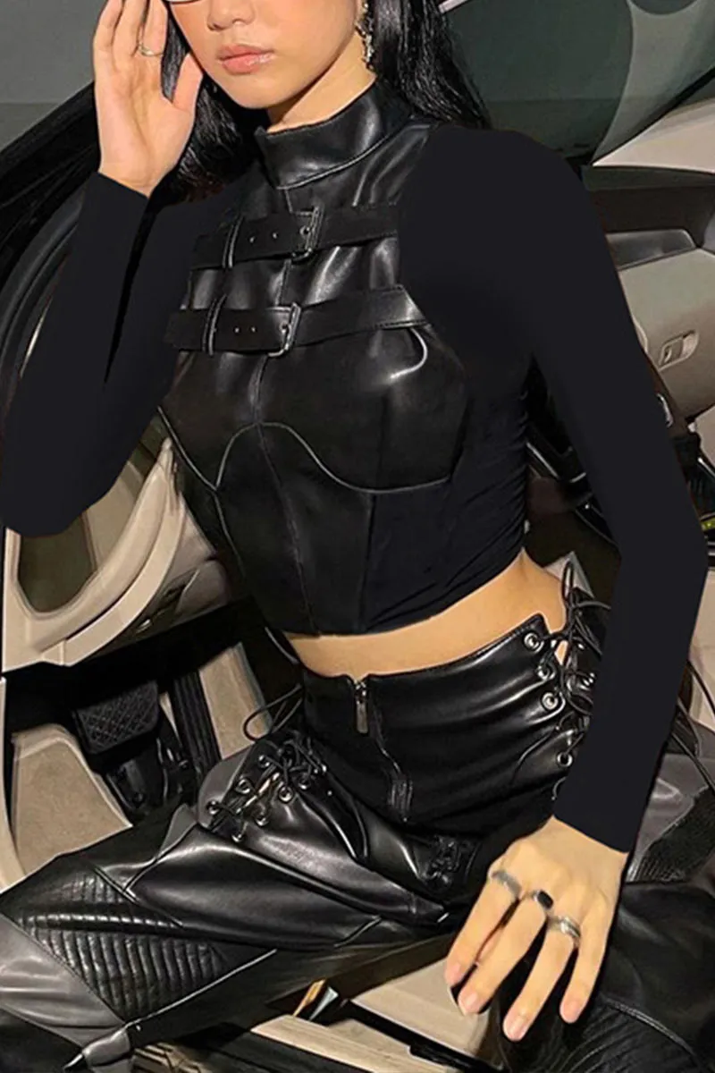 TJ0378 Punk Long Sleeve Crop Shirt