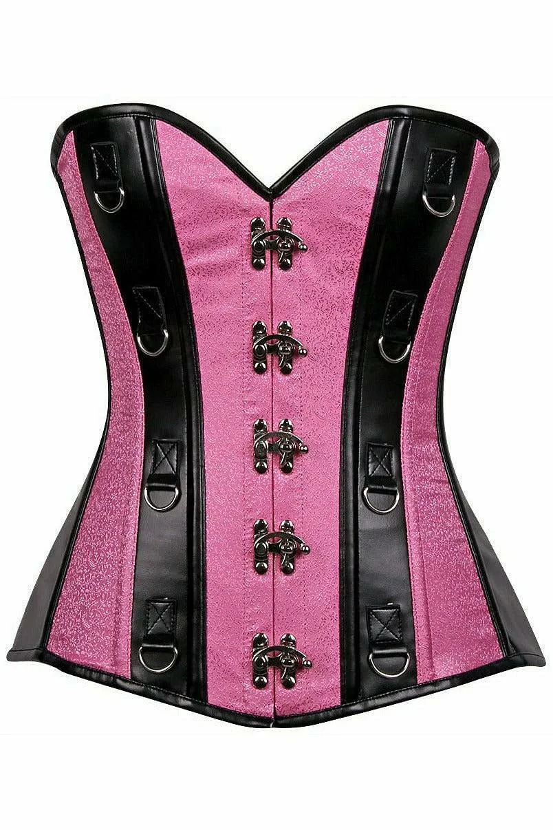 Top Drawer Pink Brocade & Faux Leather Steel Boned Corset