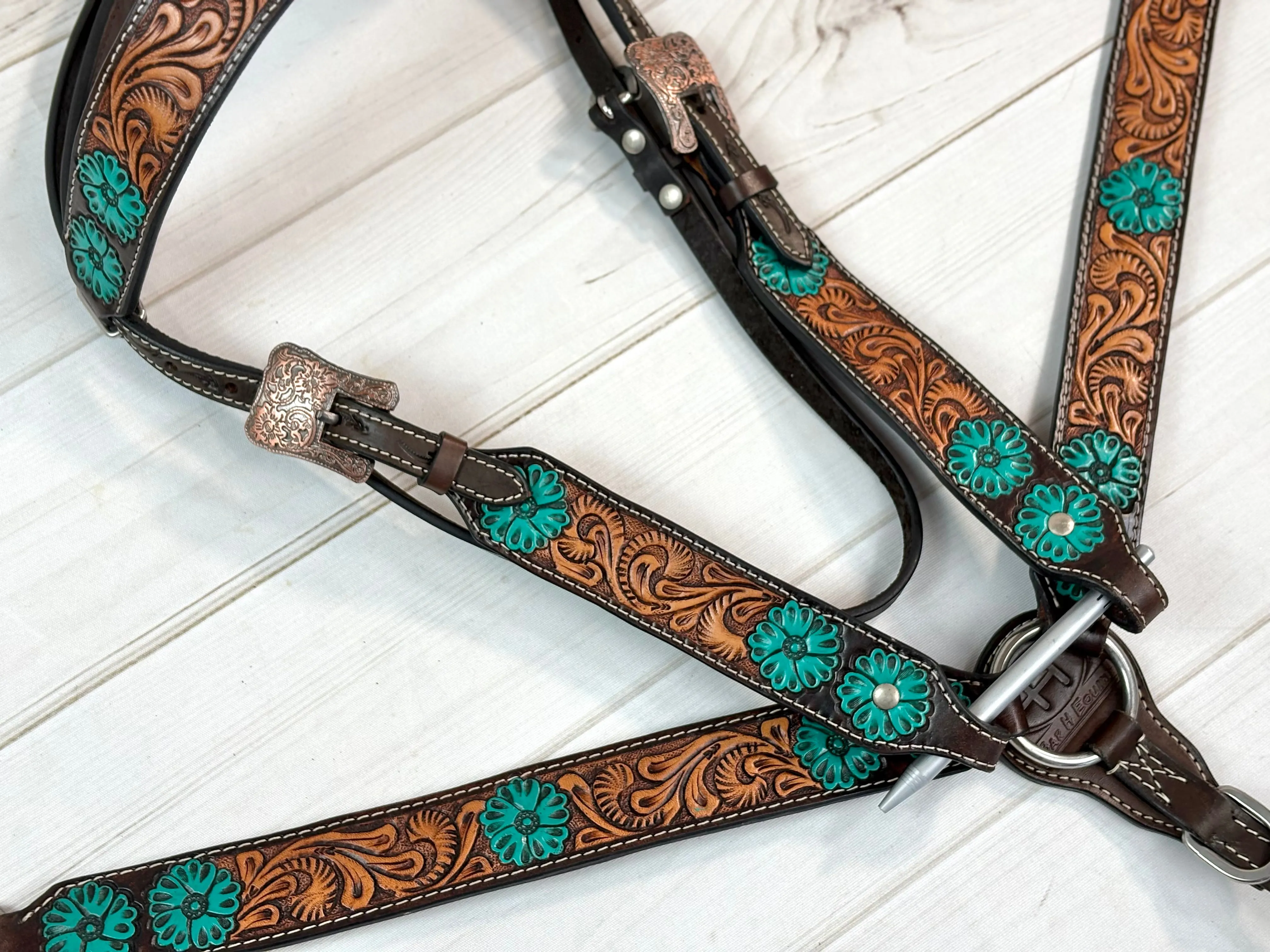 Turquoise Flower Tooled Leather Tack Set