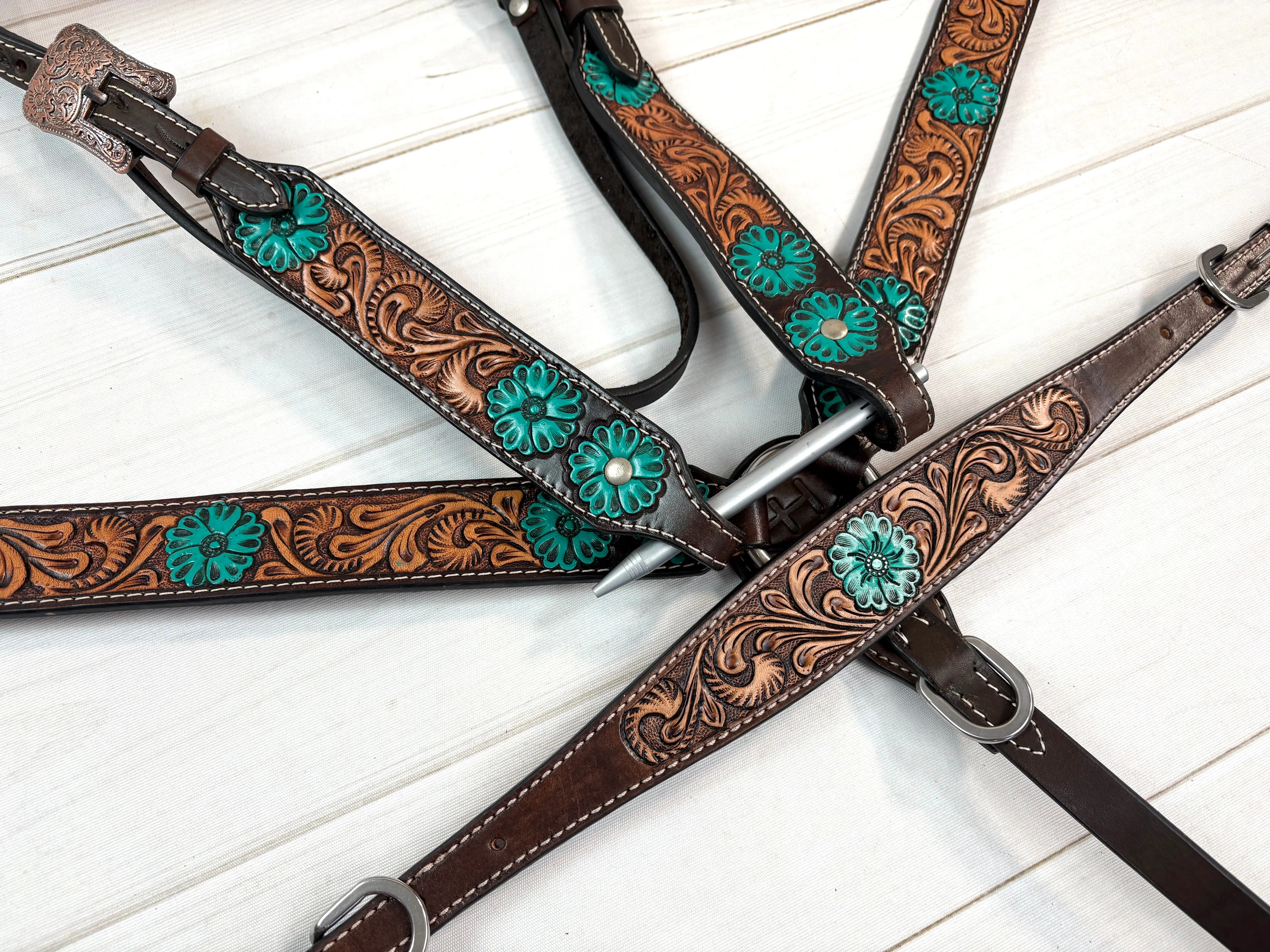 Turquoise Flower Tooled Leather Tack Set