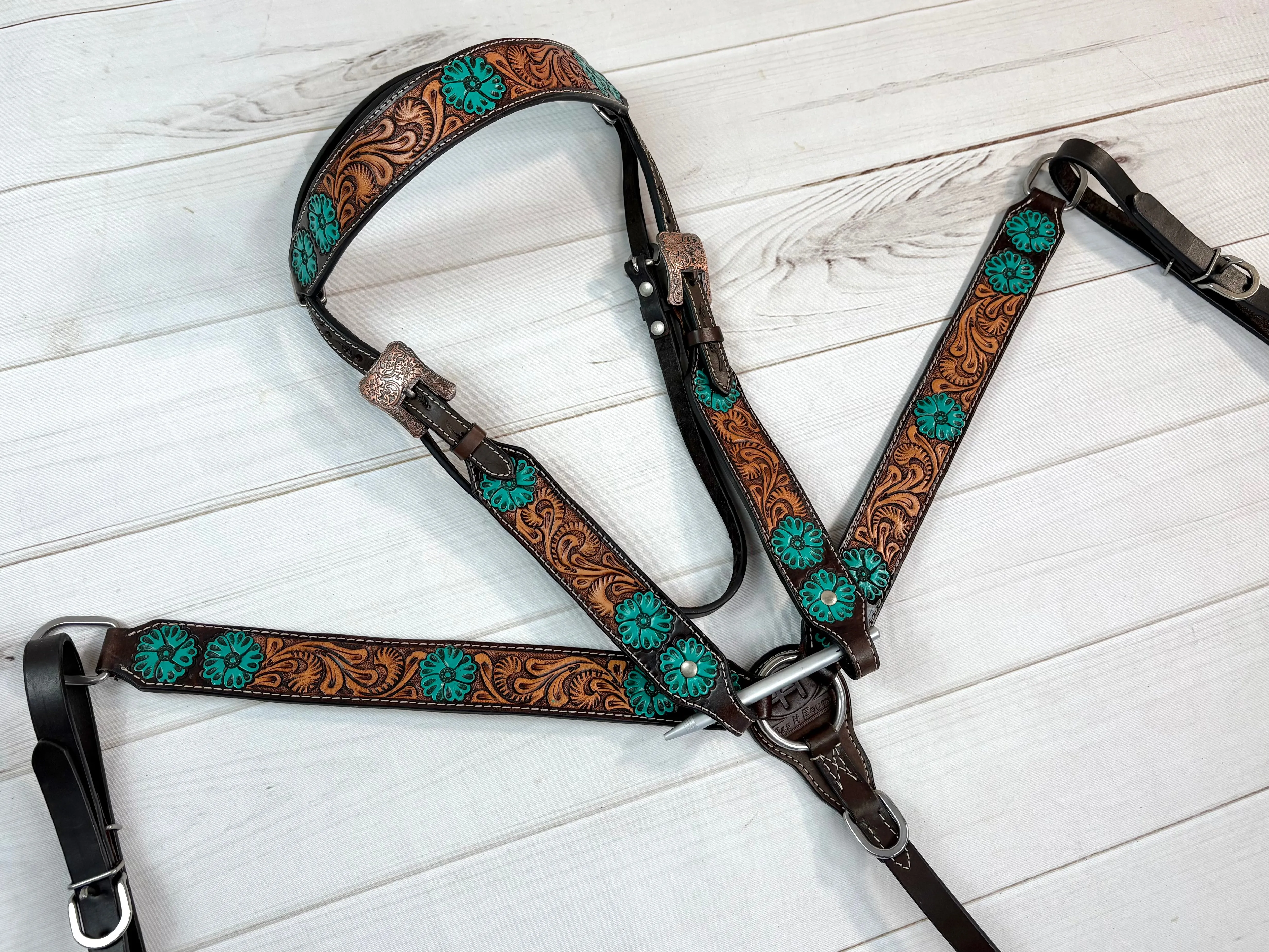 Turquoise Flower Tooled Leather Tack Set