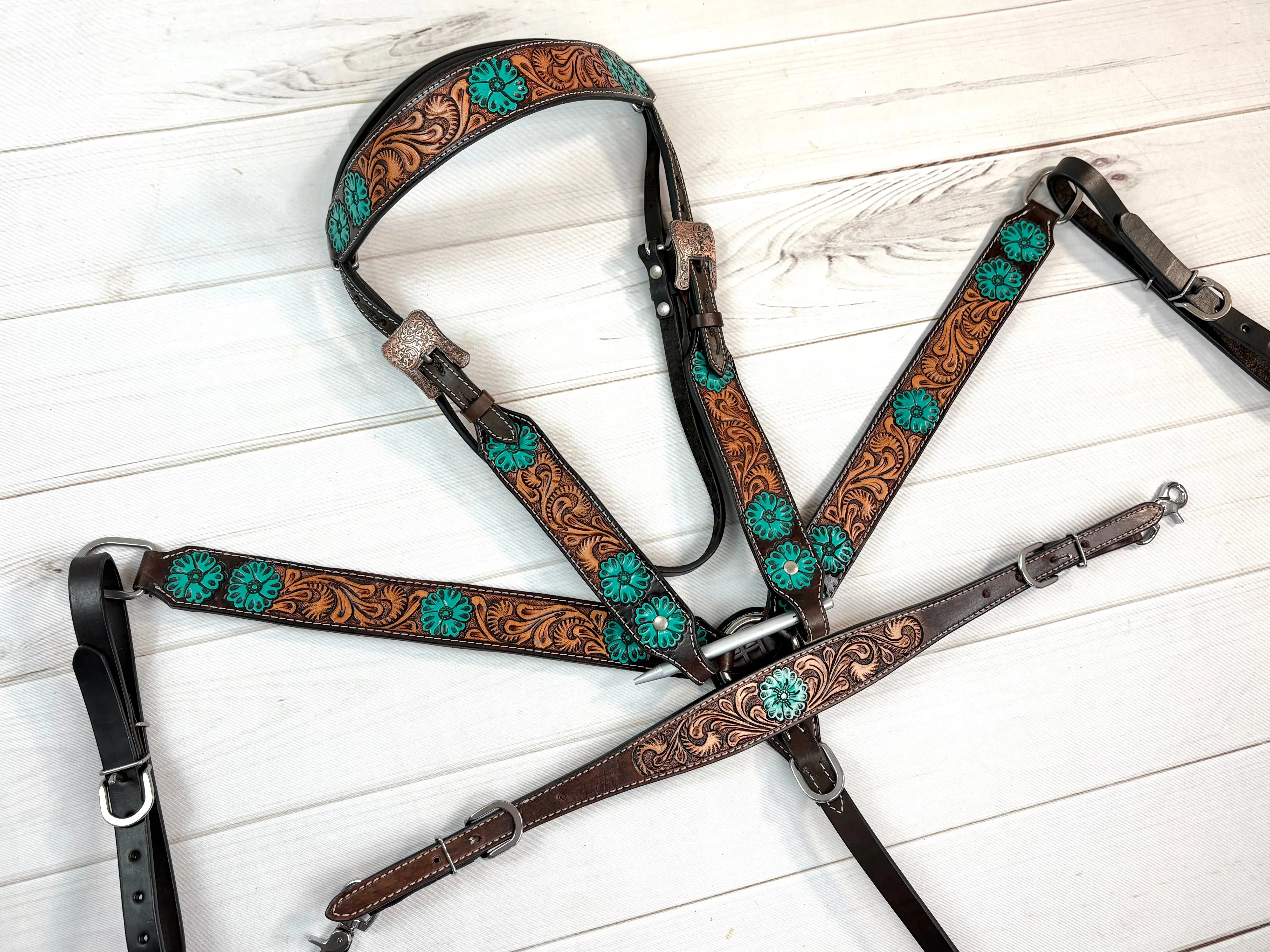 Turquoise Flower Tooled Leather Tack Set