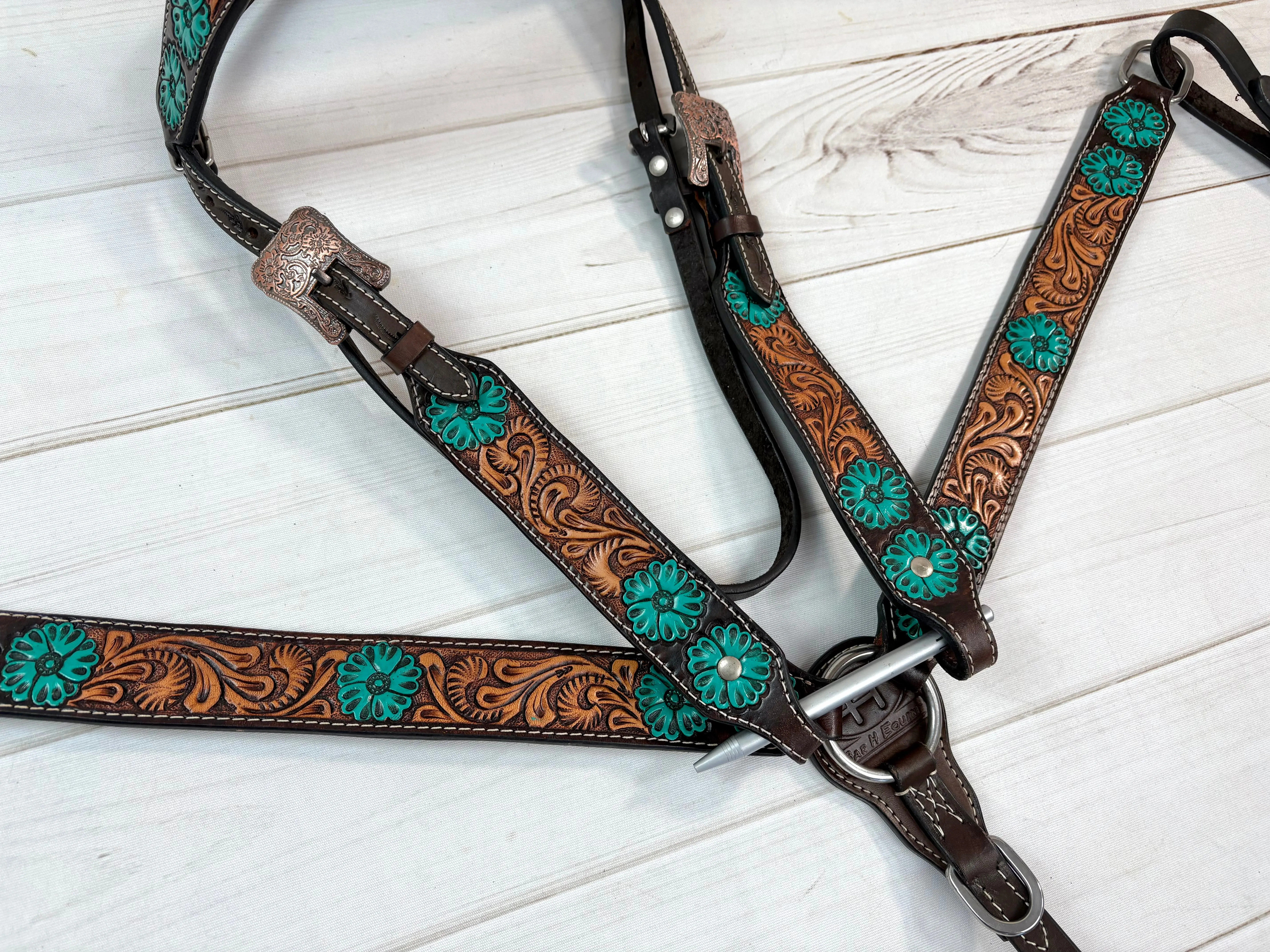 Turquoise Flower Tooled Leather Tack Set