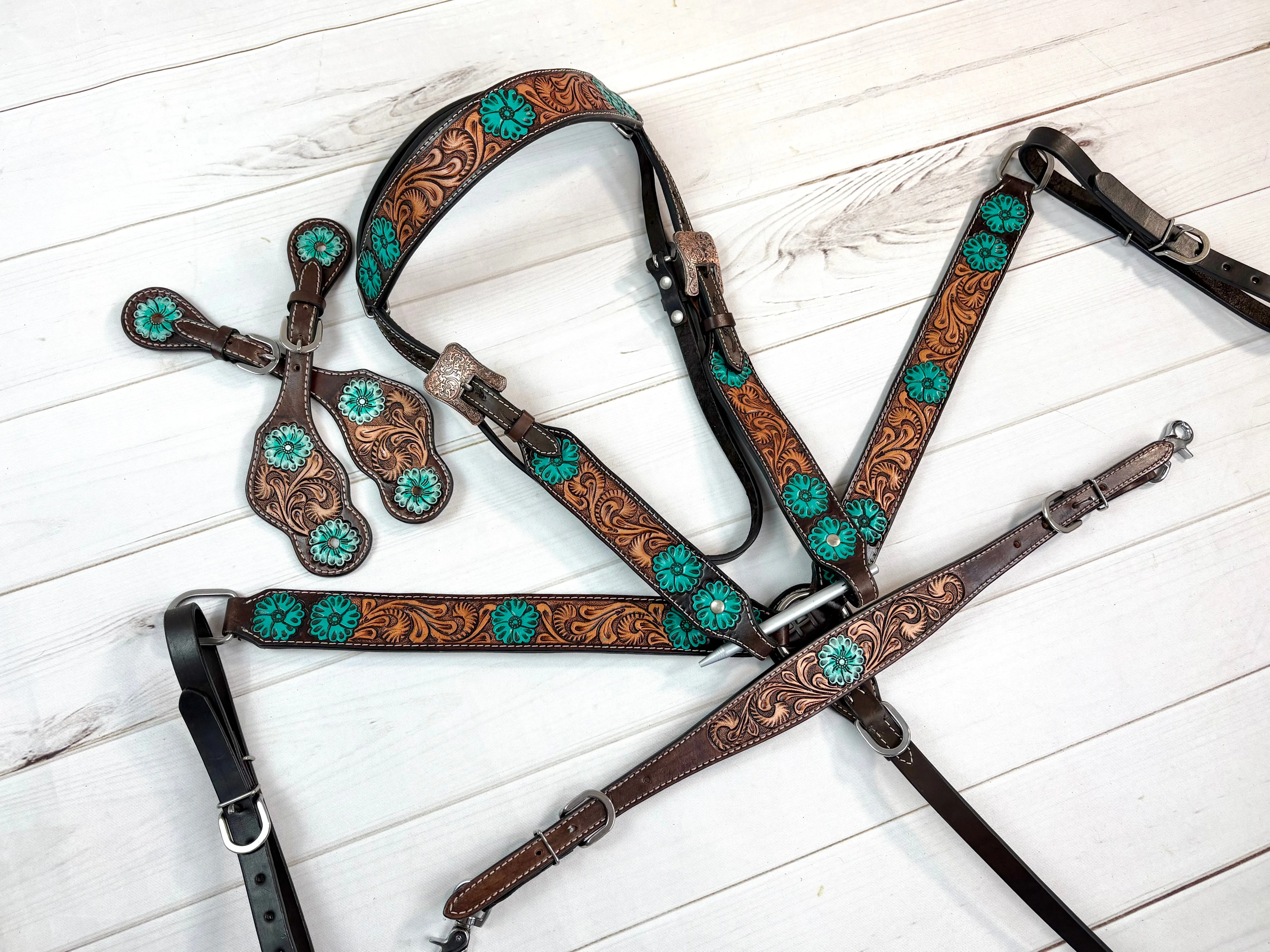 Turquoise Flower Tooled Leather Tack Set