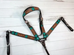 Turquoise Flower Tooled Leather Tack Set