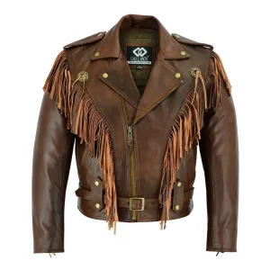 Vintage Brown Biker Fringe Leather Jacket - Tassle Concho Premium Motorcycle