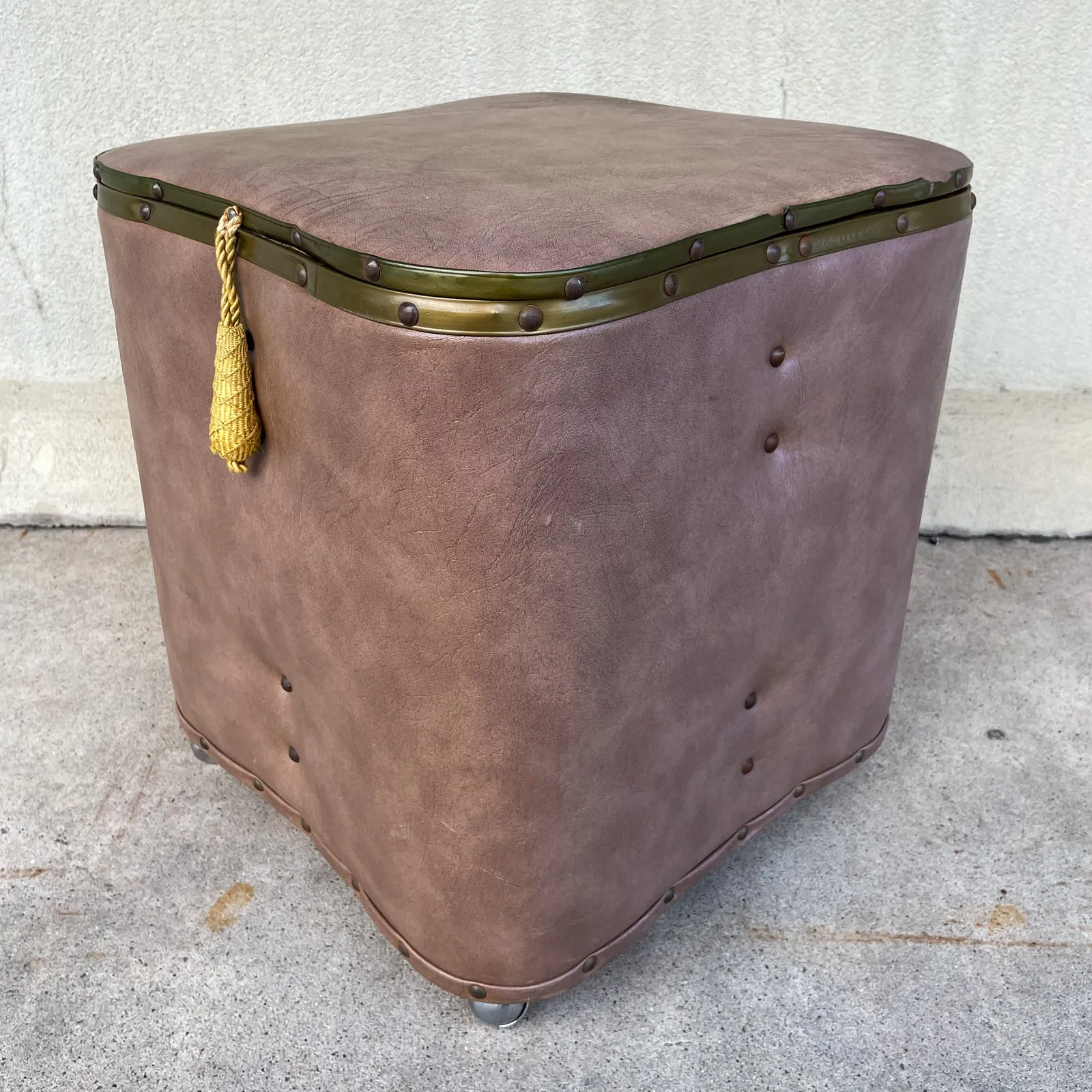 Vintage French Taupe Faux Leather Rolling Ottoman with Storage