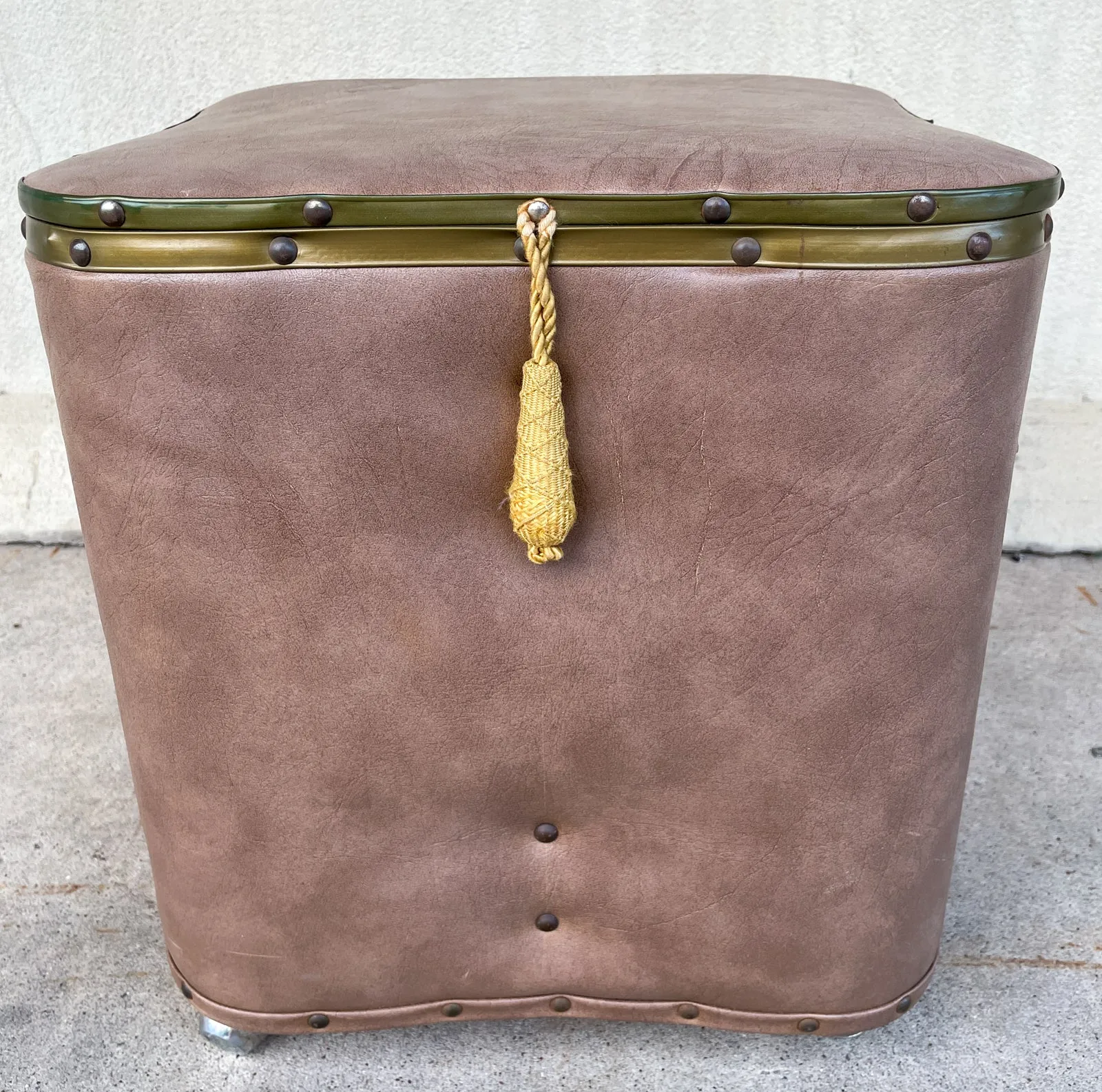Vintage French Taupe Faux Leather Rolling Ottoman with Storage