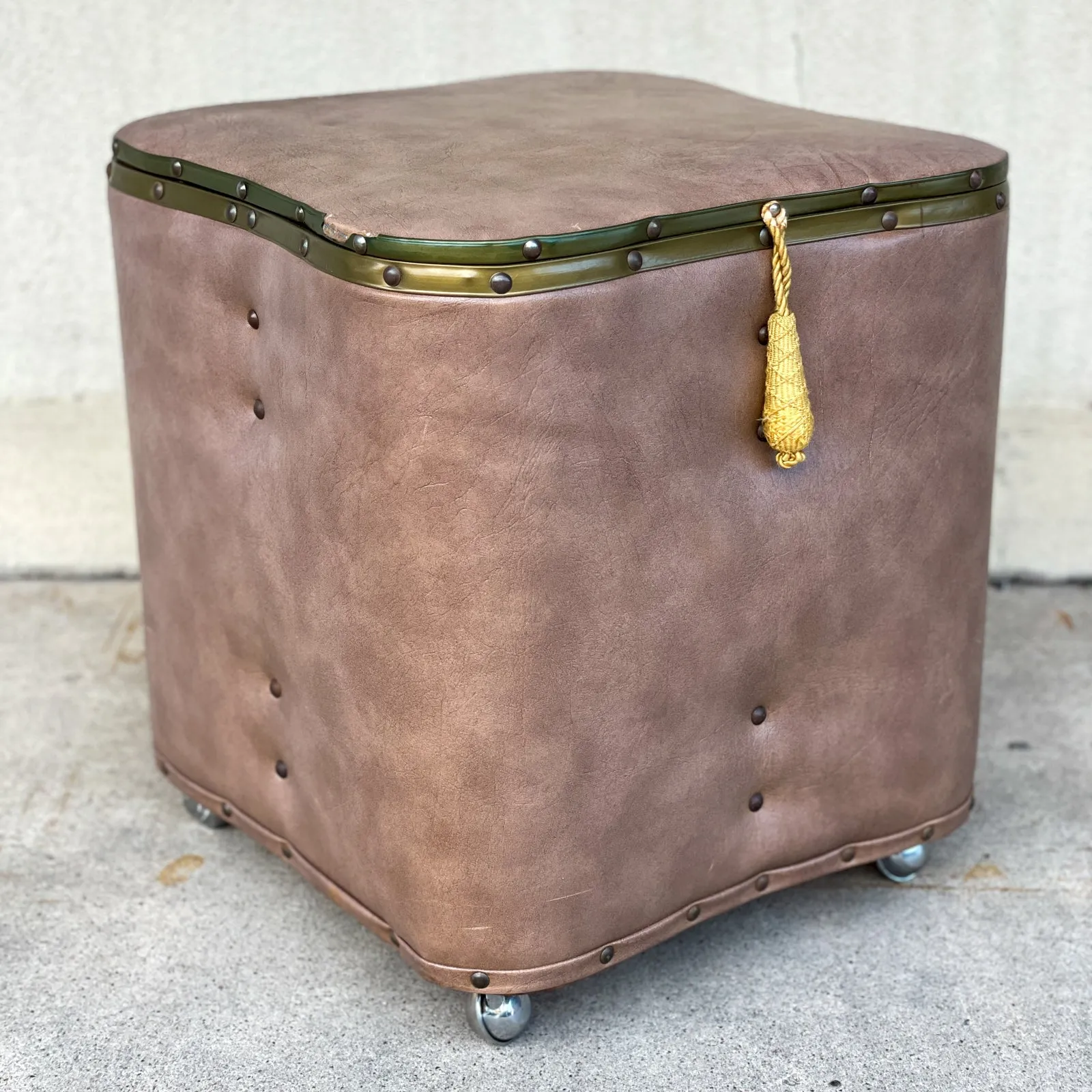 Vintage French Taupe Faux Leather Rolling Ottoman with Storage