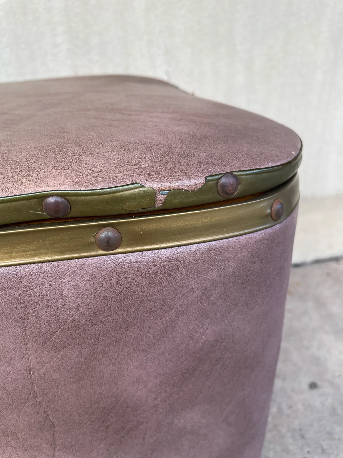 Vintage French Taupe Faux Leather Rolling Ottoman with Storage