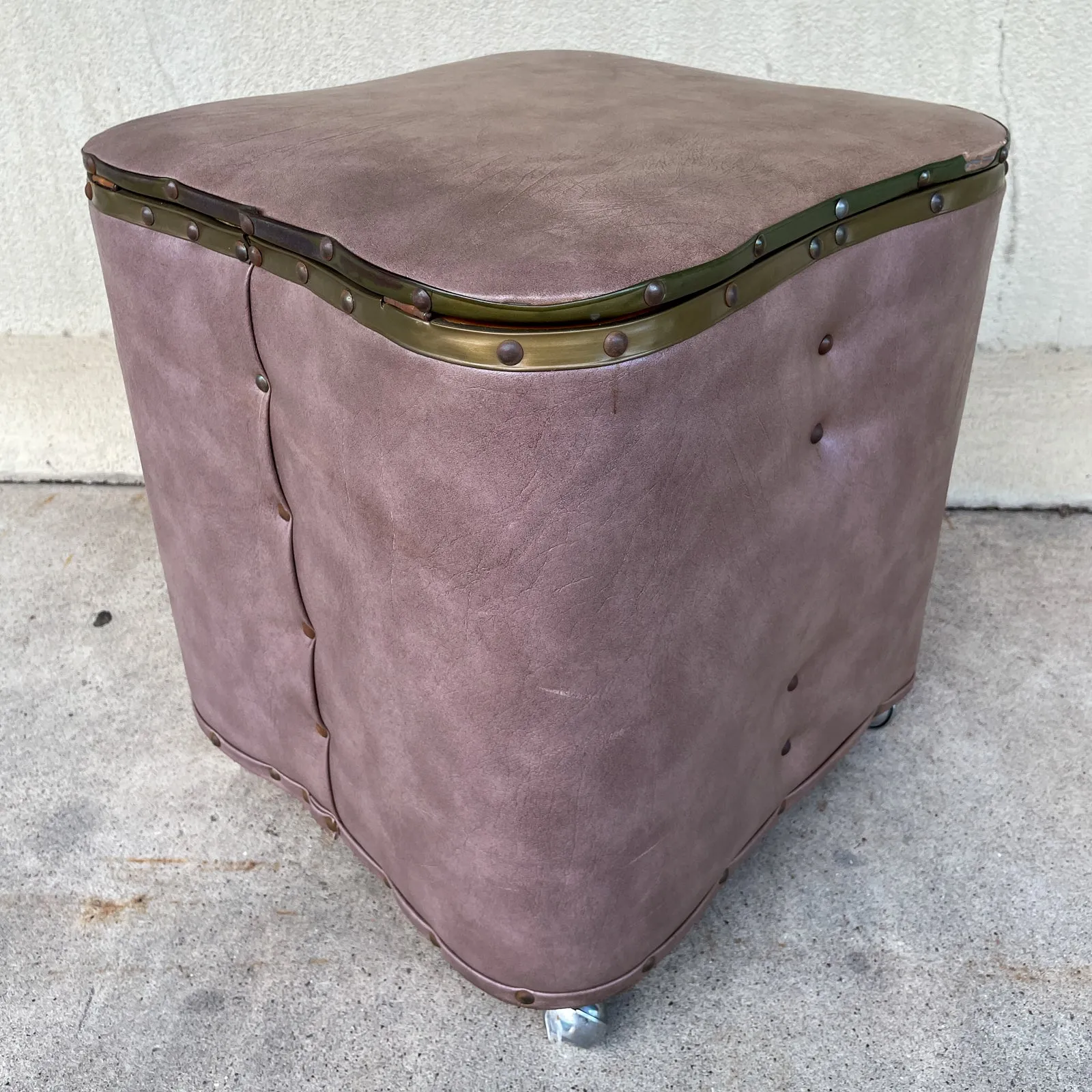 Vintage French Taupe Faux Leather Rolling Ottoman with Storage