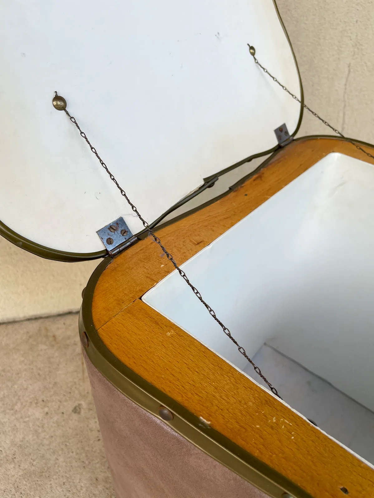 Vintage French Taupe Faux Leather Rolling Ottoman with Storage