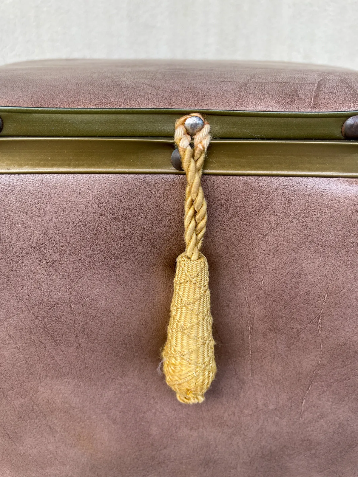 Vintage French Taupe Faux Leather Rolling Ottoman with Storage