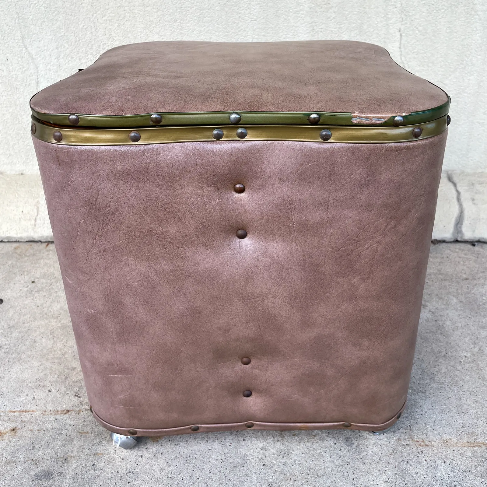 Vintage French Taupe Faux Leather Rolling Ottoman with Storage