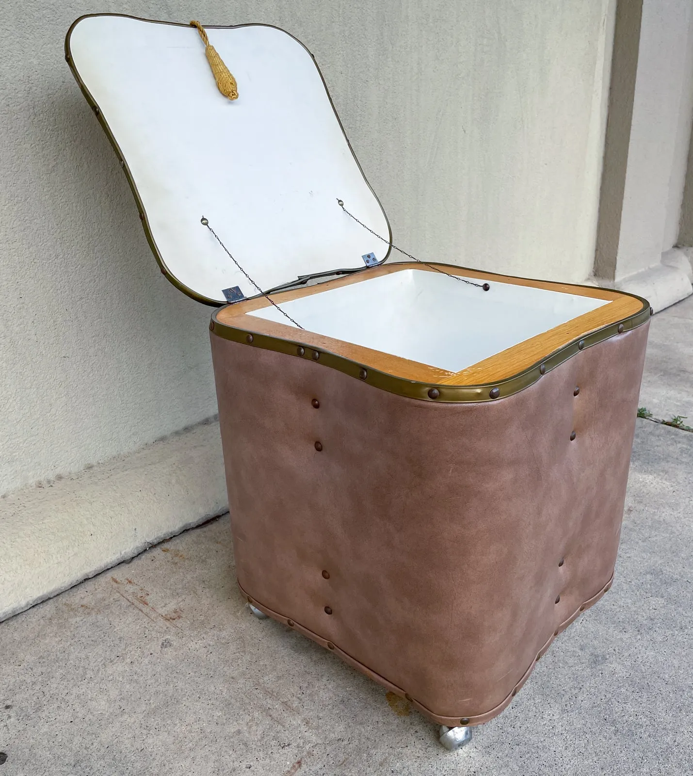 Vintage French Taupe Faux Leather Rolling Ottoman with Storage