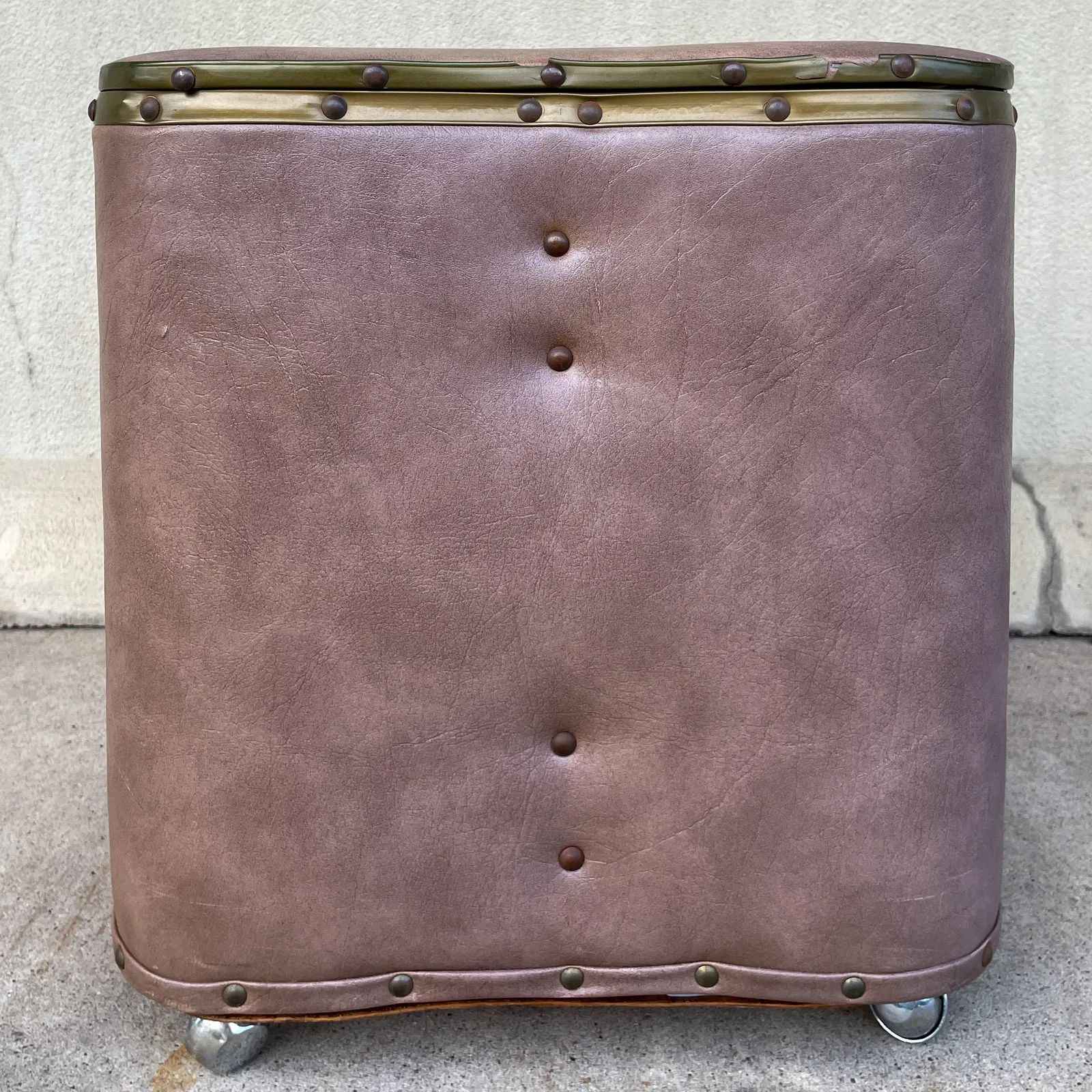 Vintage French Taupe Faux Leather Rolling Ottoman with Storage