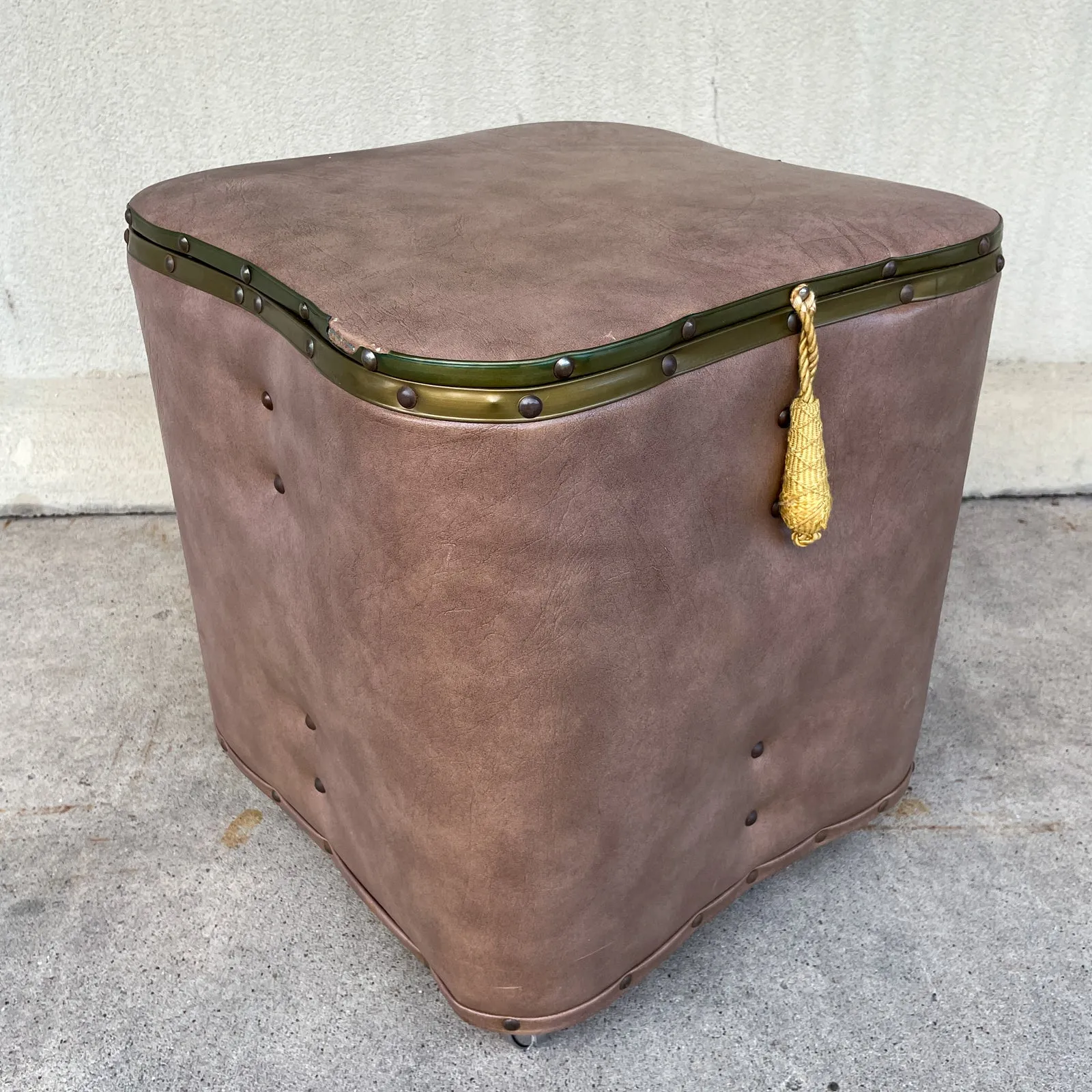 Vintage French Taupe Faux Leather Rolling Ottoman with Storage