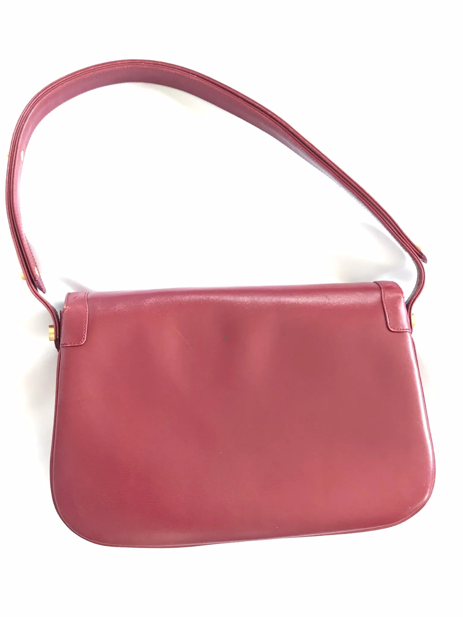 Vintage Lanvin wine leather shoulder bag with golden logo motif closure. Classic must have purse. 060620r2