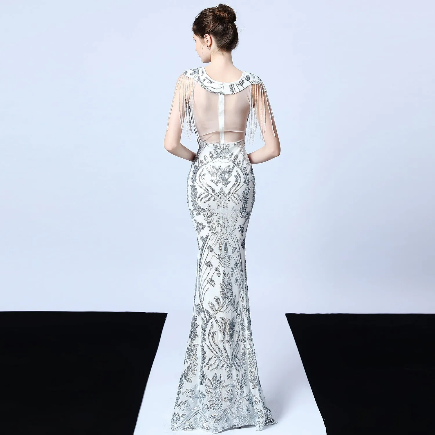 Violet Tassel Accent Sequin Mermaid Formal Dress