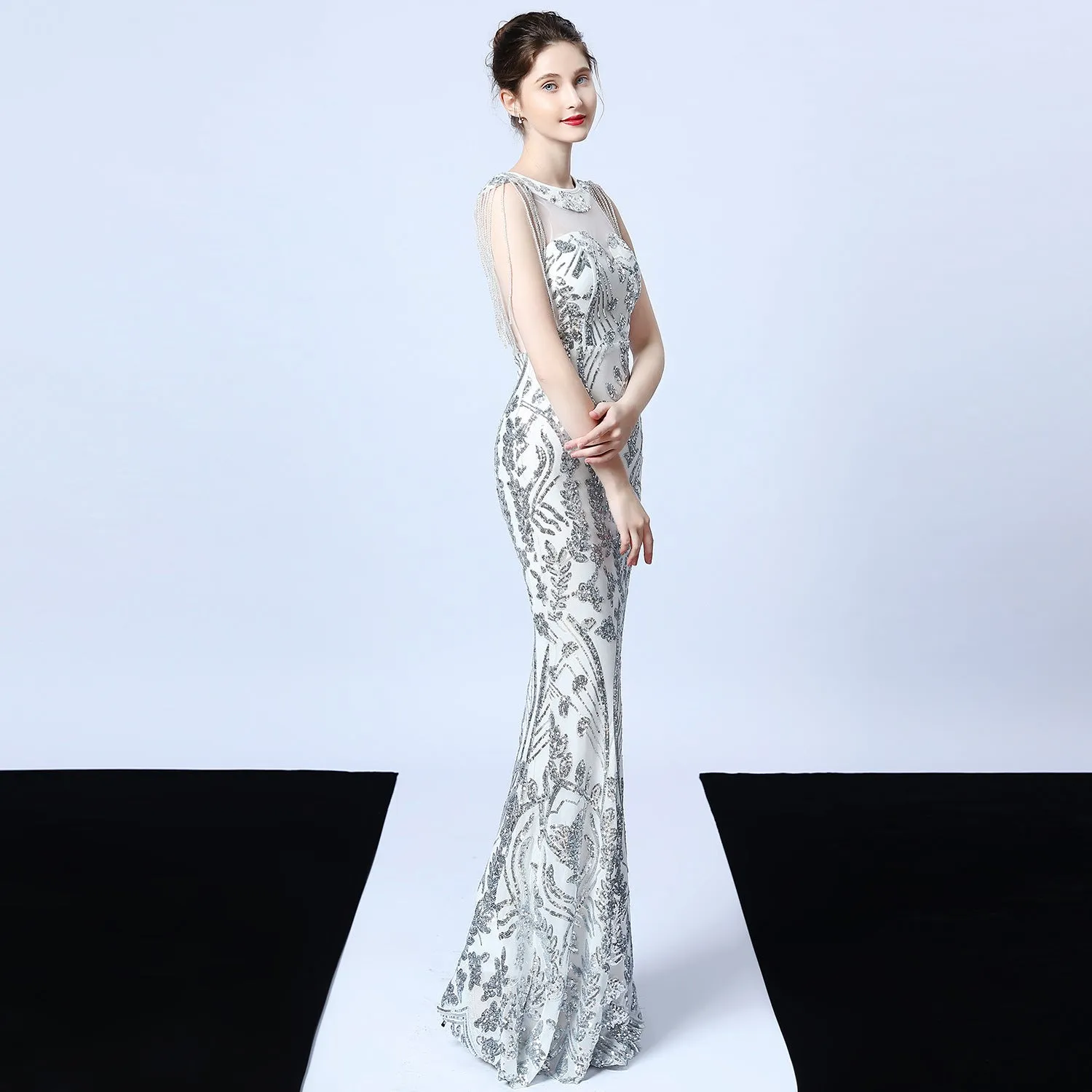 Violet Tassel Accent Sequin Mermaid Formal Dress