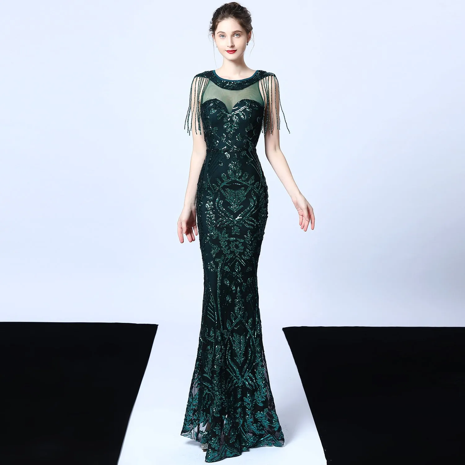Violet Tassel Accent Sequin Mermaid Formal Dress