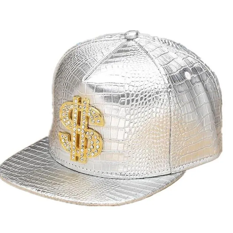Vogue Dollar Logo Crocodile hip hop rap PU Leather Hats Gold Rhinestone Street DJ Money Baseball Cap