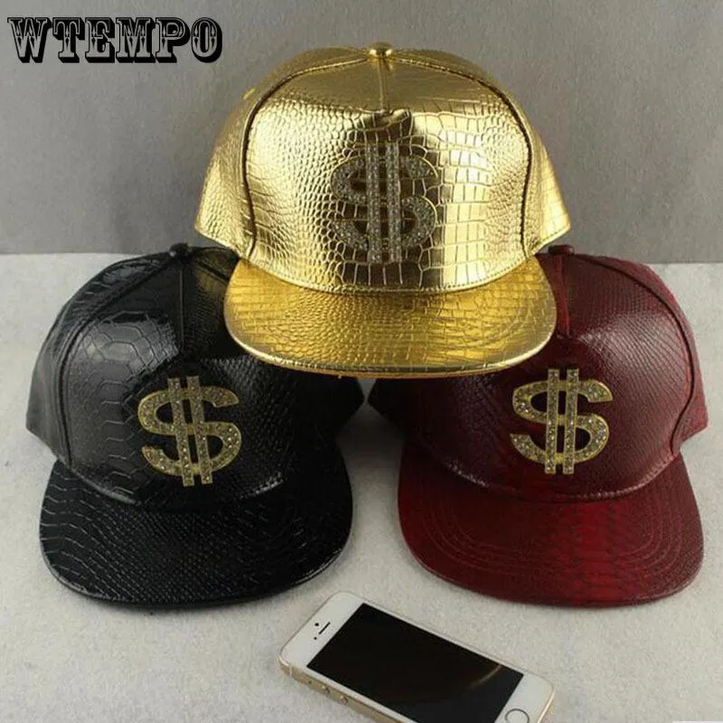 Vogue Dollar Logo Crocodile hip hop rap PU Leather Hats Gold Rhinestone Street DJ Money Baseball Cap