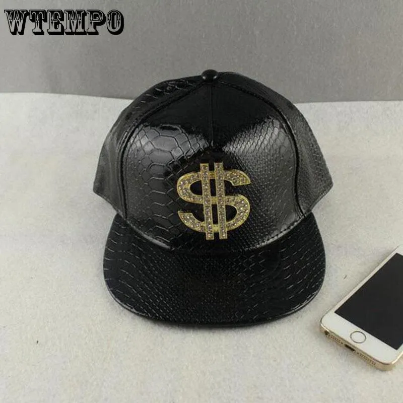 Vogue Dollar Logo Crocodile hip hop rap PU Leather Hats Gold Rhinestone Street DJ Money Baseball Cap